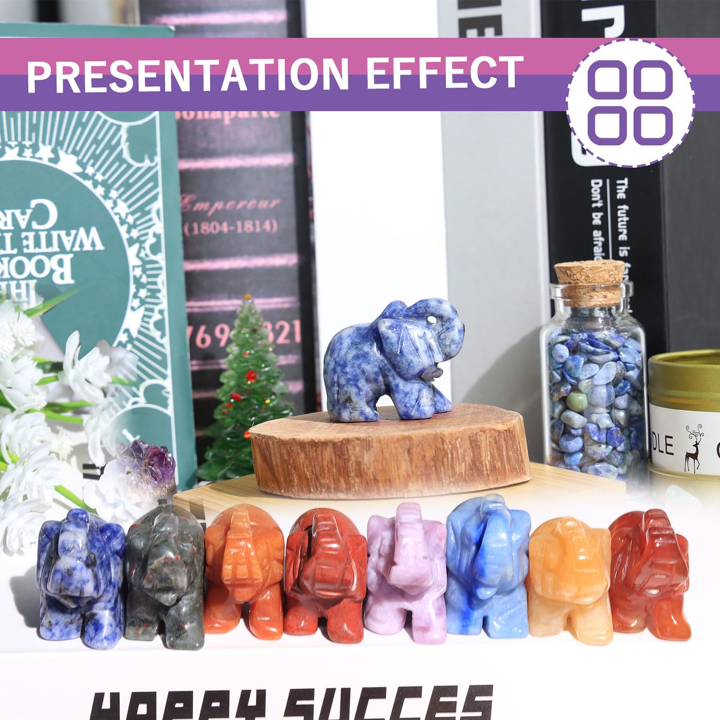 QINJIEJIE Blue White Sodalite Crystals Elephant Decor Cute Desk Polished Stones Figurine Natural Gemstones Luck Decoration Home Room Office Pocket Hippie Elephant Meditation Gift for Women