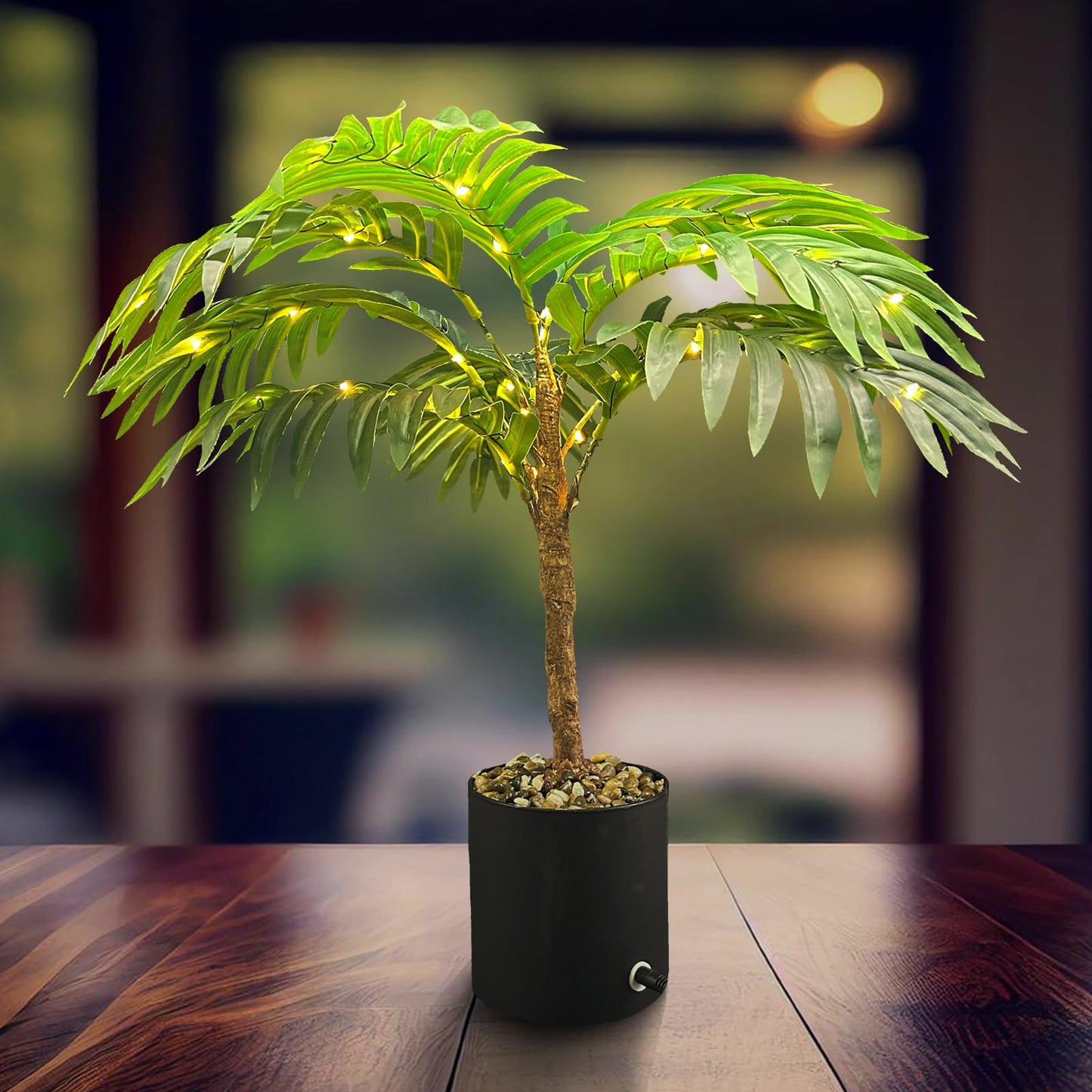 IJG 20'' Lighted Palm Tree Faux Plant with LED Lights - USB & Battery Box Powered - Artificial Palm Tree for Living Room, Home Decor, Indoor Decoration (Palm Leaf)