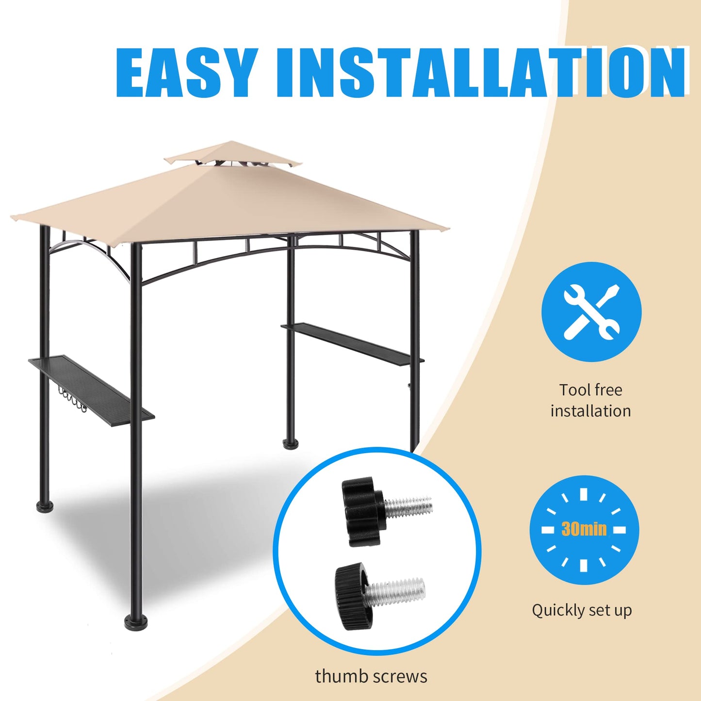 FAB BASED 5x8 Grill Gazebo, All-Weather Steel Construction, Double Tiered & Resistance Canopy Roof, Metal Serving Shelves, 2 LED and Bottle Opener for Patio, Backyard, BBQ (Beige)