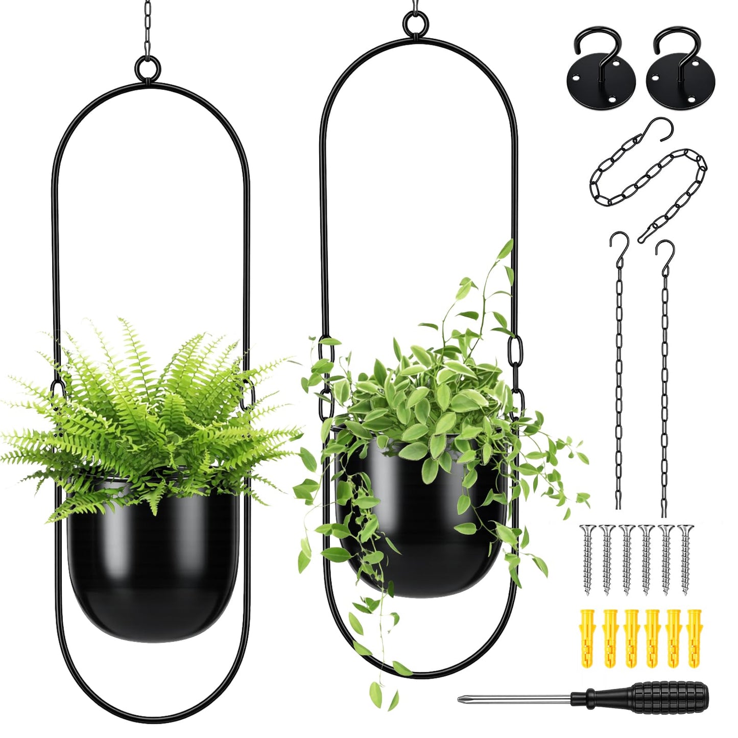 Fumete 2 Set Black Hanging Planters with Chains Metal Plant Hanger Wall Mounted Iron Flower Pot Holder for Indoor Outdoor Plants, Planting Ivy and Fern for Window Porch Balcony and Home Decor