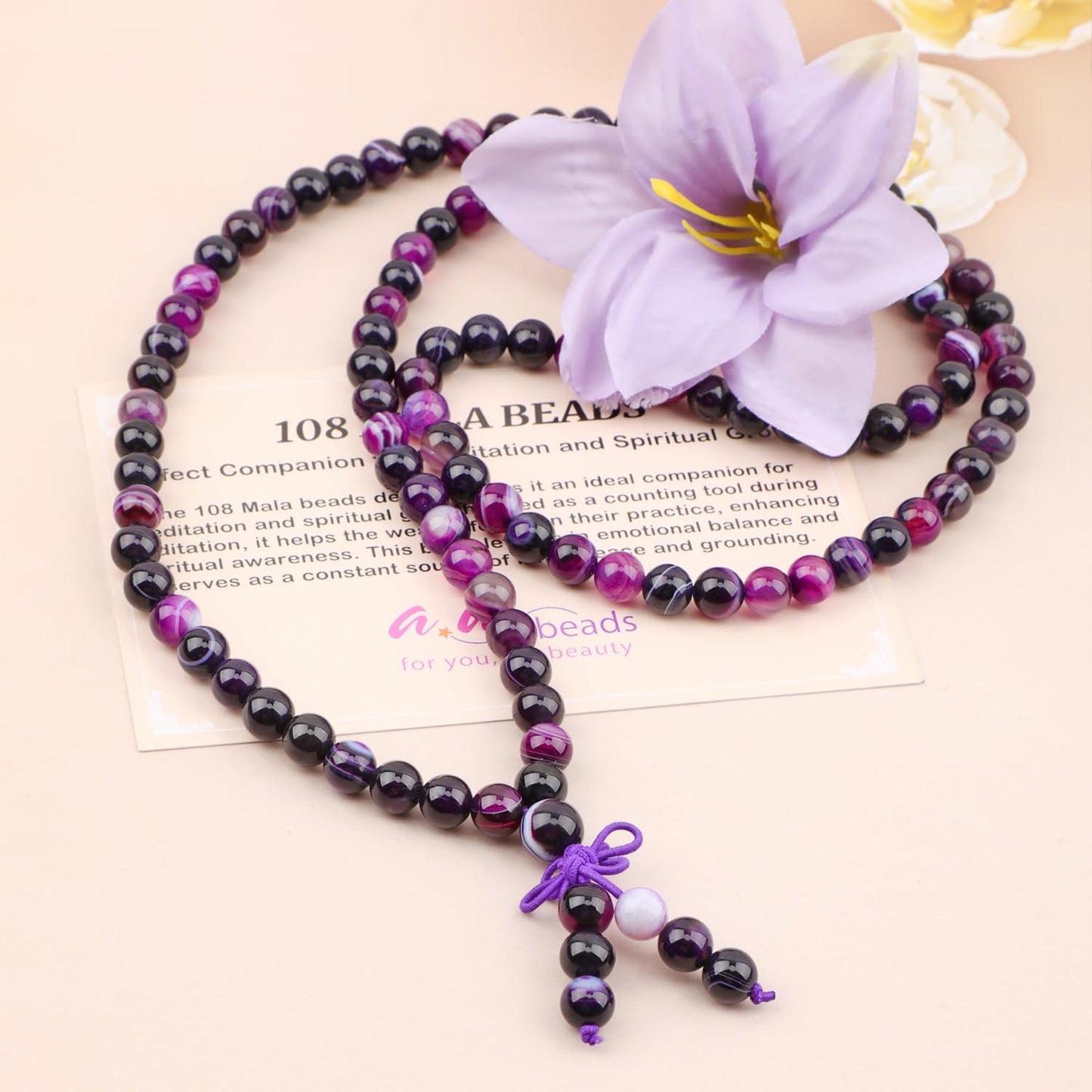 AD Beads 8mm 108 Prayer Mala Purple Stripe Agate Elastic Bracelet - Peace and Tranquility - Handmade Yoga Meditation Healing Power Energy Gifts for Unisex Adult.