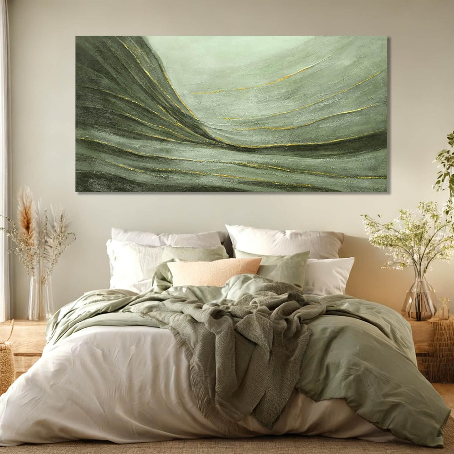 MLART99 Large Green and Gold Abstract Canvas Wall Art 24x48 Inch Modern Minimalist Painting for Living Room Bedroom Office Above Couch Wall Decoration Home Décor