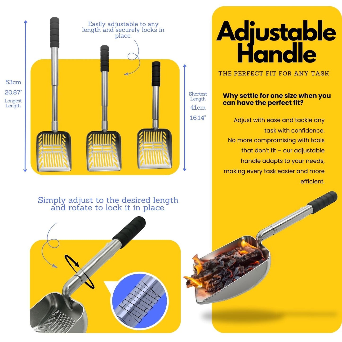 16 to 21-Inch Adjustable Fireplace Shovel – Hollow-Out Ash Sifter for Wood Stove, Fireplace, and Fire Pit, Heat-Resistant Metal Coal Scoop with Ergonomic Handle (1PCS)
