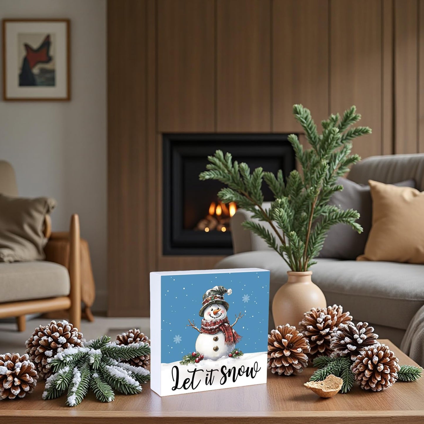 Winter Decorations Indoor Winter Decor Home Room Let It Snow Snowman Office Bathroom Table Wood Box Sign Rustic Wooden Shelf Desk Decor Season Sign House Warming Gifts 5.9 x 5.9 Inch