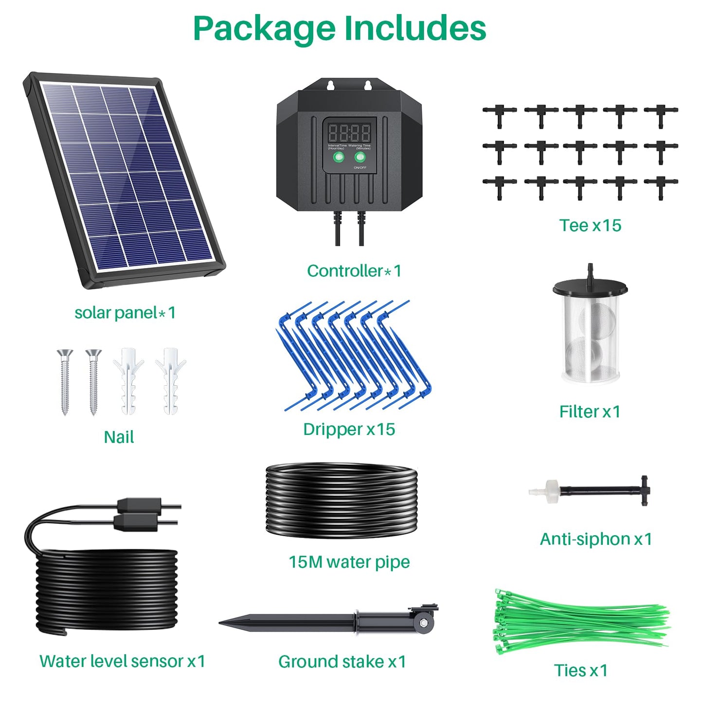 NFESOLAR 4W Solar Powered Automatic Drip Irrigation Kit with LCD Timer, Customizable Watering Duration 1–30min & Interval 3h–7d, Solar Irrigation System for 15 Potted Plants, Garden, Patio, Vacation