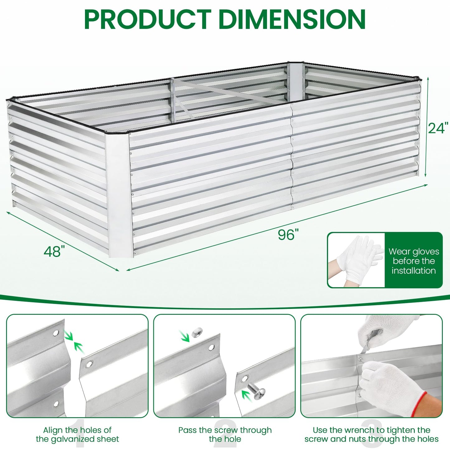 6x3x2FT Raised Garden Bed Kit, Galvanized Planter Raised Garden Boxes Outdoor w/Anti Cutting Strip & A pair of gloves, Deep Root Raised Planter for Vegetables, Fruits, Flowers and Herbs, Silver