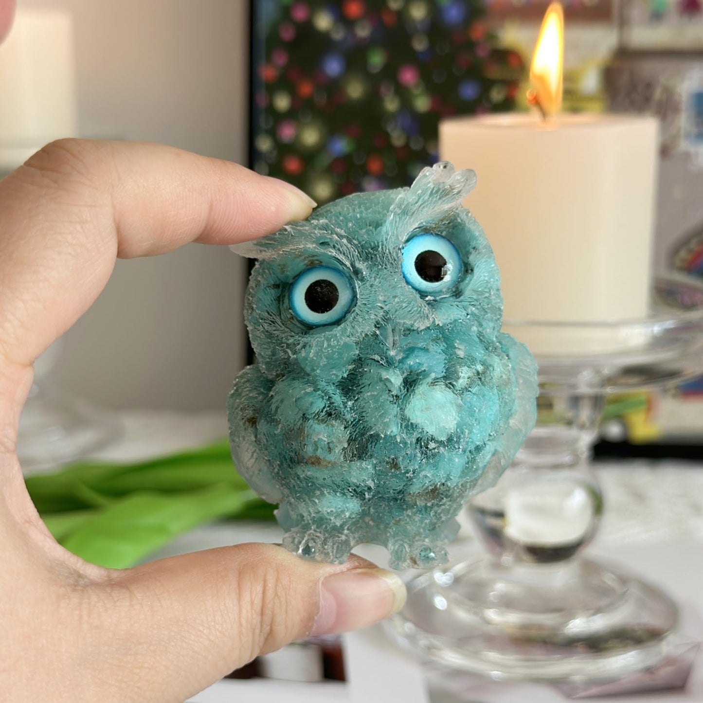 XYLIBLLA Hand-Carved Natural Crystal Owl Statue Owl Decor ，Green Owl Figurine, Animal Figurines Desk Decor and Owl Gifts for Women.（Turquoise）