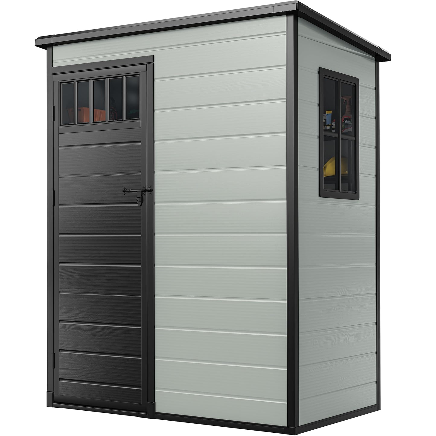 DWVO 5x3FT Outdoor Storage Shed with Fence-Style and Side Windows, Floor & Lockable Doors, Plastic Storage Shed, Storage Shed for Backyard and Garden, Blue-Gray