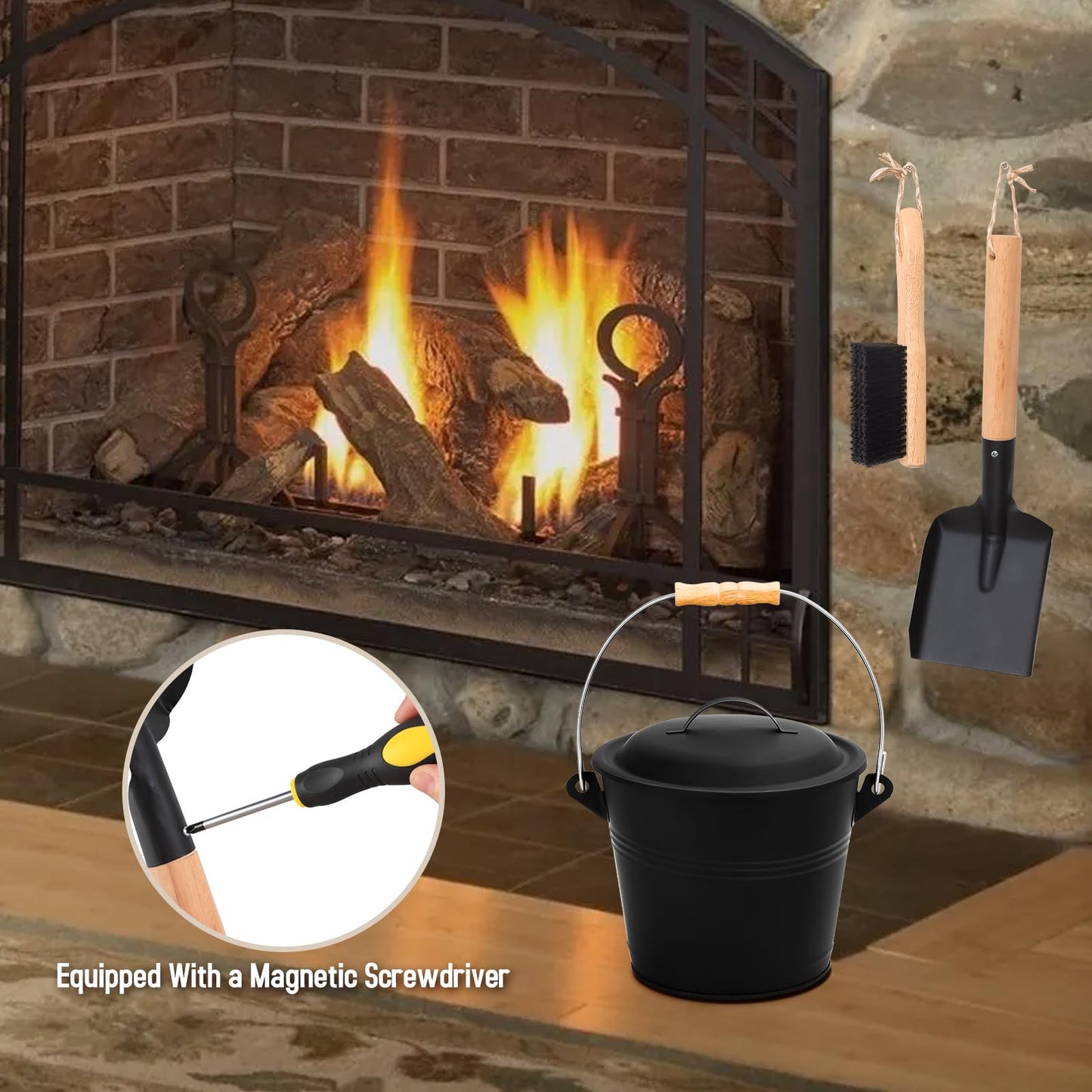 FEED GARDEN Fireplace Tools Set, 1.5 Gallon Mini Ash Bucket with Lid, Shovel, Heat-Resistant Brush & Screwdriver, Heavy Duty Galvanized Iron Ash Cleaning Tool Set, Compact 7.5" x 8.8" x 6.4”, Black