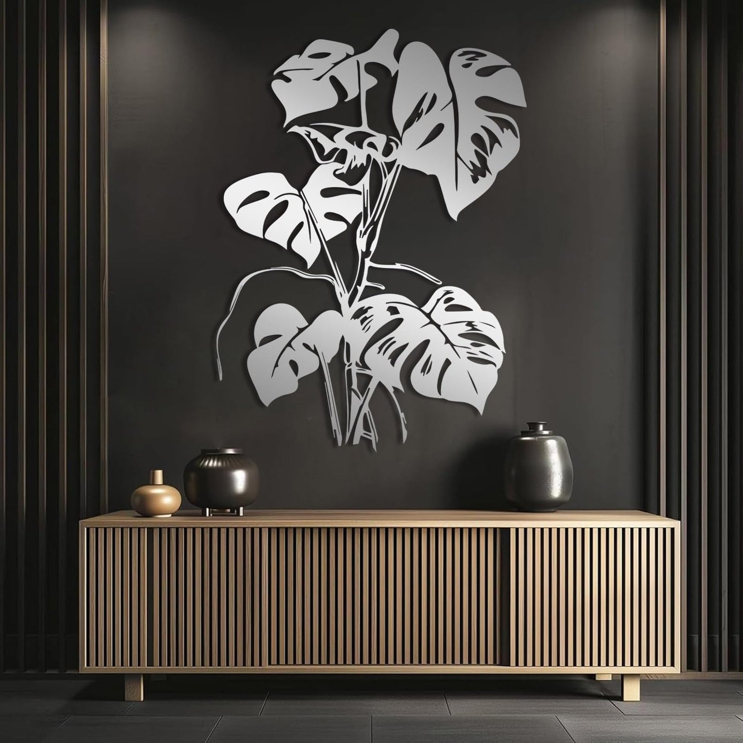 Monstera Leaf Metal Wall Art, Tropical Monstera Leaf Metal Wall Decor, Tropical Plant Line Art Wall Decor, Tropical Leaves Wall Sculpture, Nature Wall Hanging for Living Room (Silver, 41"x30"/105x77cm)