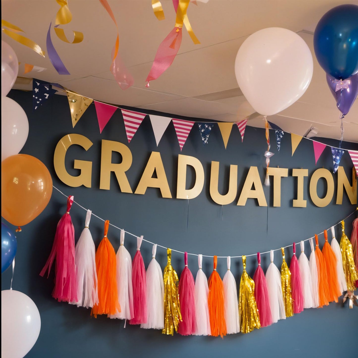 AimtoHome Shiny Tassel Garland Tissue Paper Tassel Banner,Tassels Decorations for Summer Luau Flamingo Girl,Wedding,Pumpkin Birthday Party,Bridal/Baby Shower,Pack of 20 (Hot Pink/Orange/Gold/White)