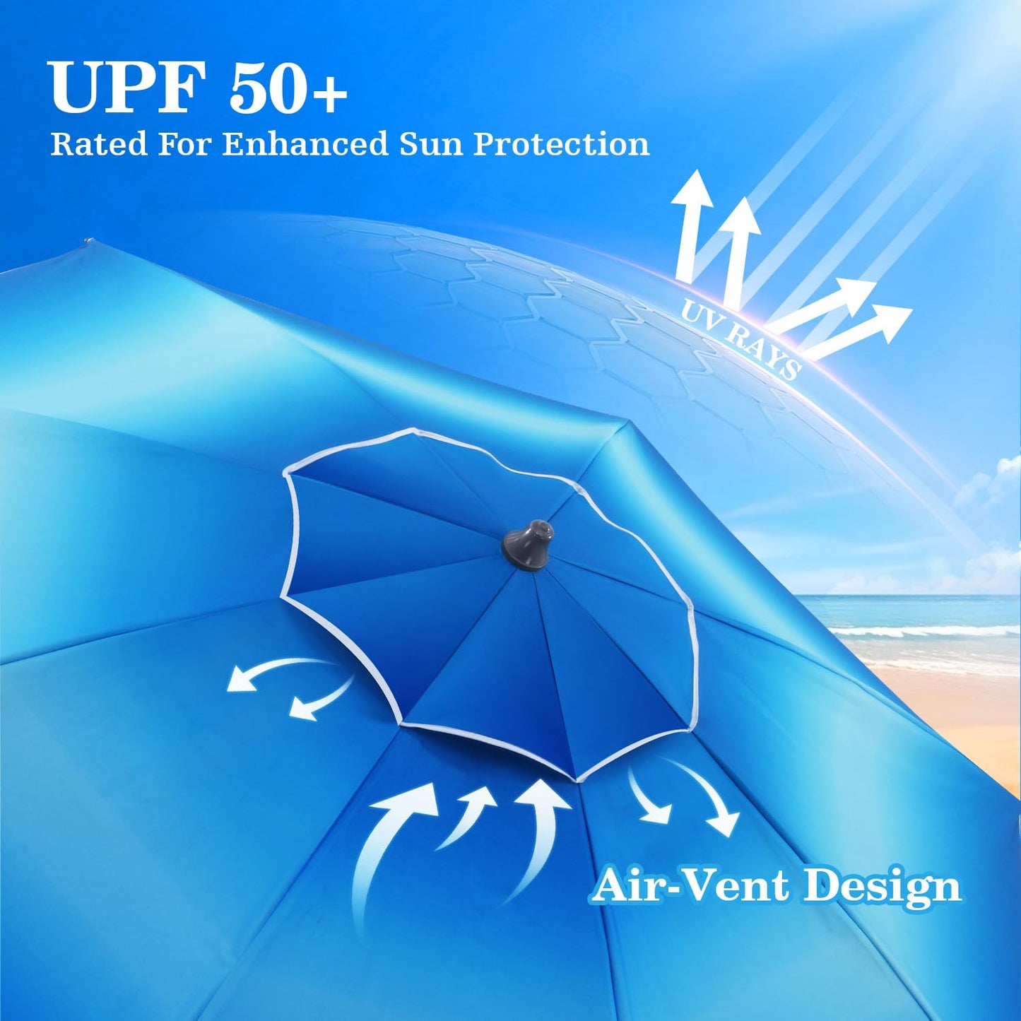UIRWAY 8.5FT Beach Umbrella, Heavy Duty Windproof Beach Umbrellas with Sand Anchor & Tilt, Sun Protection Portable Beach Umbrella with Carrying Bag for Beach, Patio Garden Pool Outdoor