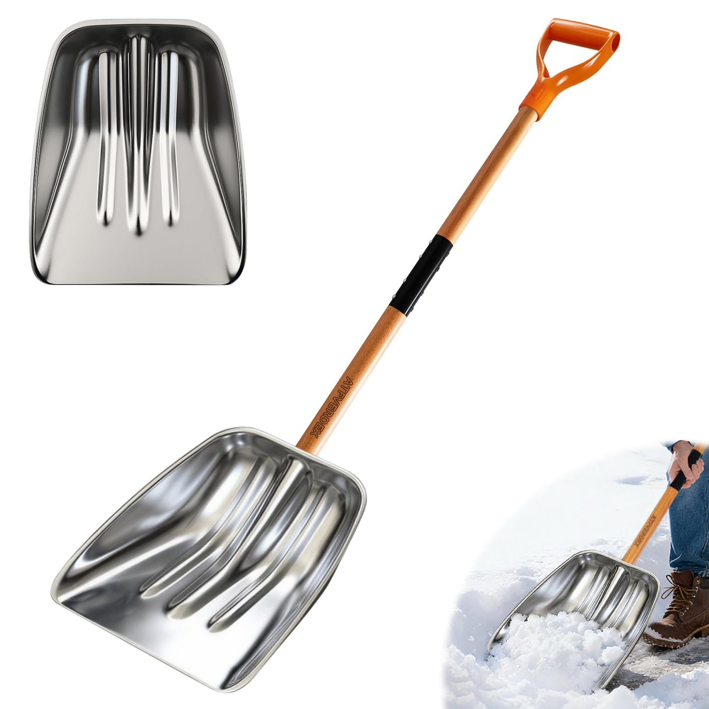 ATFVERDEX Scoop Shovel,Snow Shovel for Driveway with Non-Slip Wooden Handle and D-Shaped Grip,Quickly Clear the Snow from the Driveway and Yard