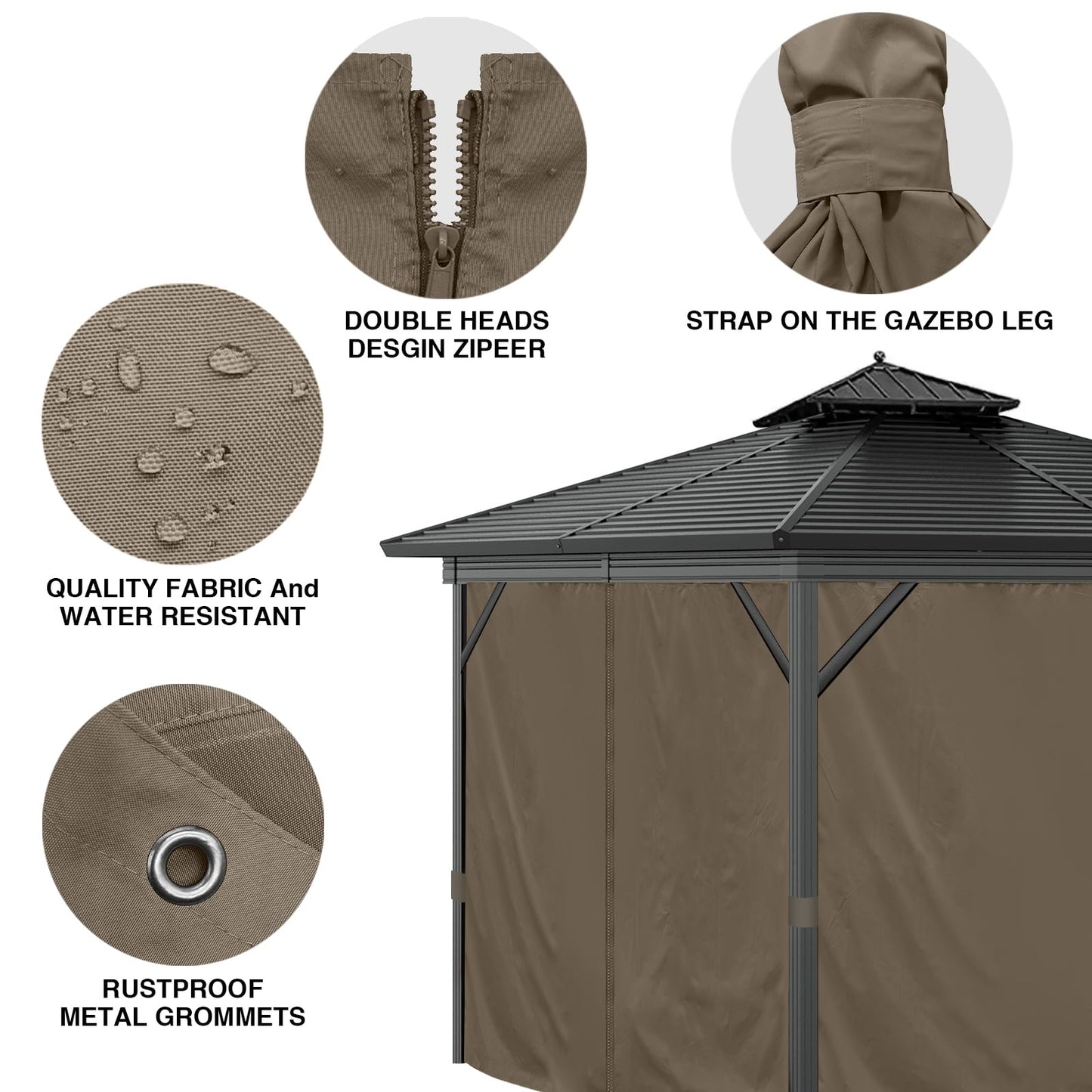 Mogtuo Gazebo Curtains 10'x10' Outdoor Waterproof, 4-Panels Sidewall Curtains Universal Replacement with Zipper for Patio, Backyard, Garden (Brown, 10'x10')