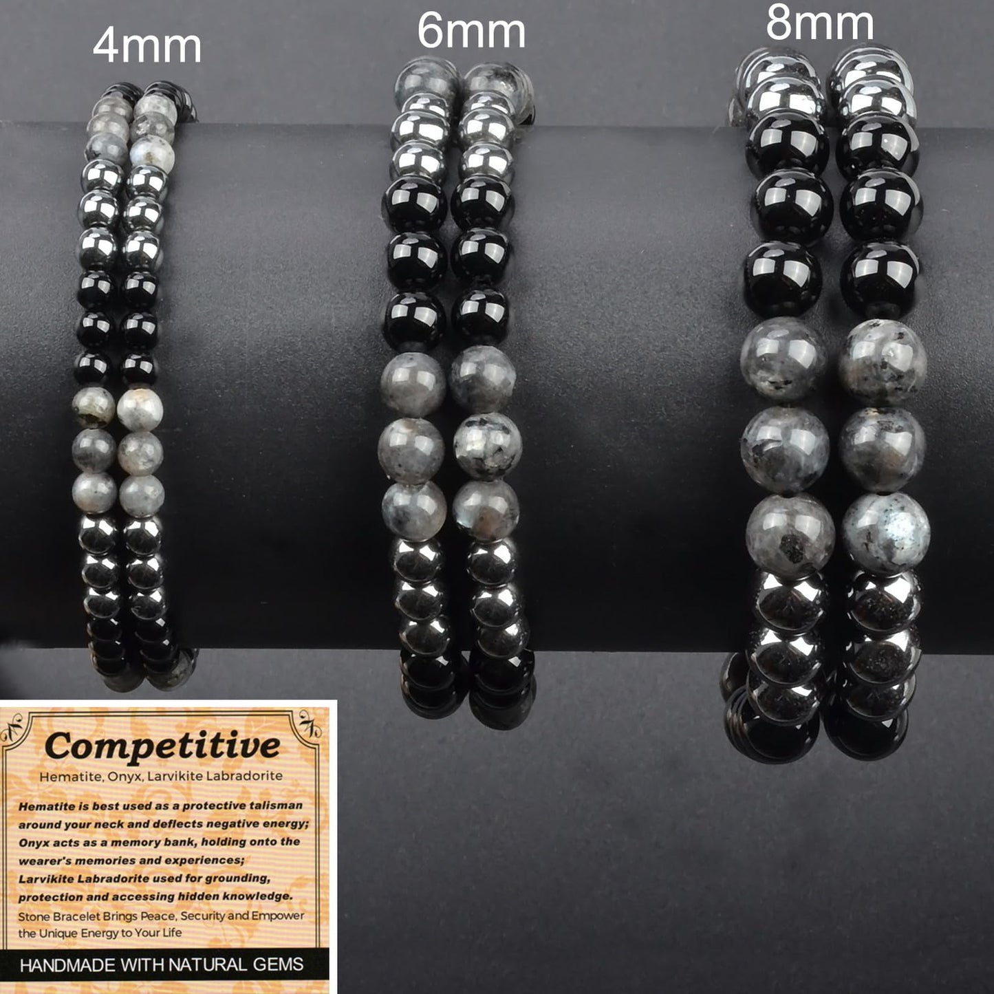 MASSIVE BEADS Hematite Onyx Larvikite Labradorite - Competitive Handmade Handmade Yoga Stretch Elastic Bracelet Natural Stone Crystal Healing Power Energy Gifts for Unisex Adult 4mm