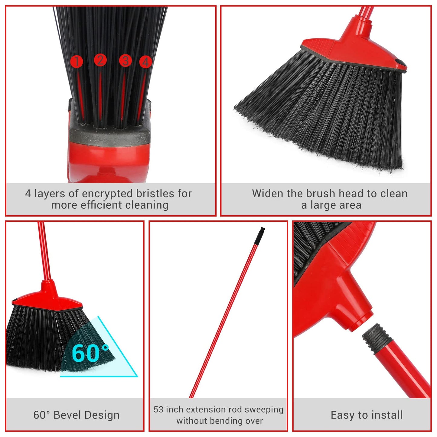 12 Pcs Heavy Duty Commercial Angle Broom 53 Inch Long Handle for Sweeping Indoor Outdoor - Garage, Courtyard, Patio, Lobby, Mall, Market, Shop, Sidewalk Floor (Red)