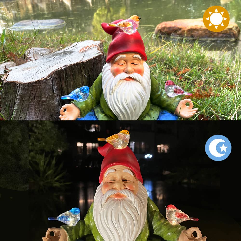 RAYWER Solar Powered Gnome with Red Hat and 3 Birds, Resin Garden Ornament with LED Light, Lawn Figurine Outdoor Decoration Statue (Gnome with 3 Birds)