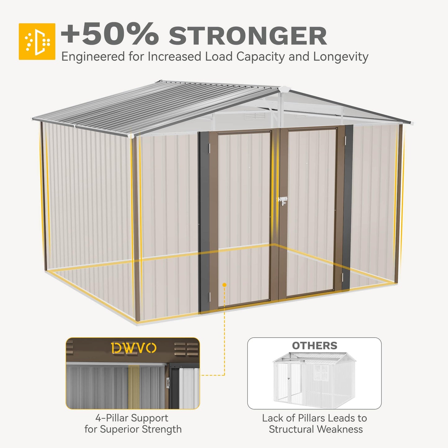 DWVO 10x8FT Outdoor Storage Shed, Spacious Metal Tool Shed with Lockable Doors & Ventilation for Patio, Lawn, and Backyard, Ideal for Storing Garden Equipment, Lawnmowers, and Bicycles, Brown
