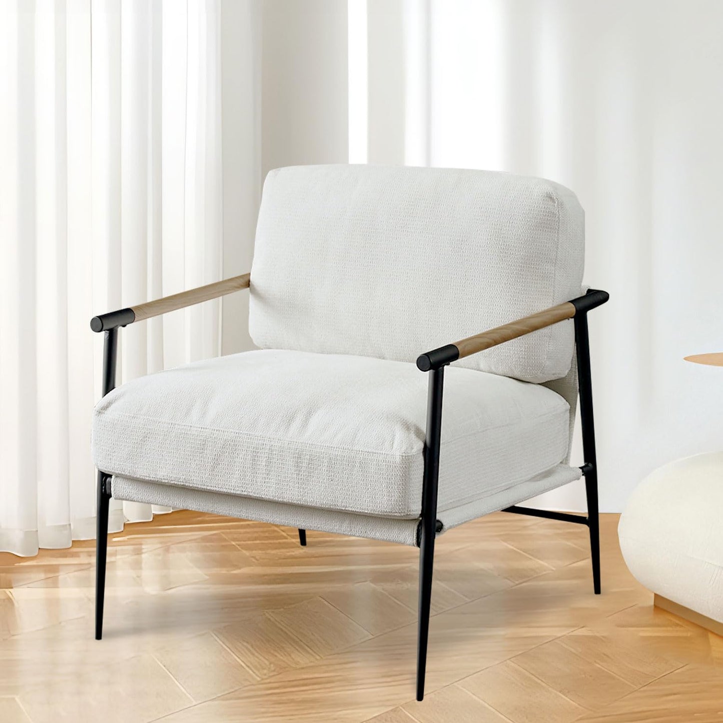 Accent Chair Mid Century Modern Armchair for Living Room,Bedroom,Office,Lounge Comfy Chenille Upholstered Soft Removable Washable Cushions and Pillows,Metal Wood-Grain Armrest Legs,White