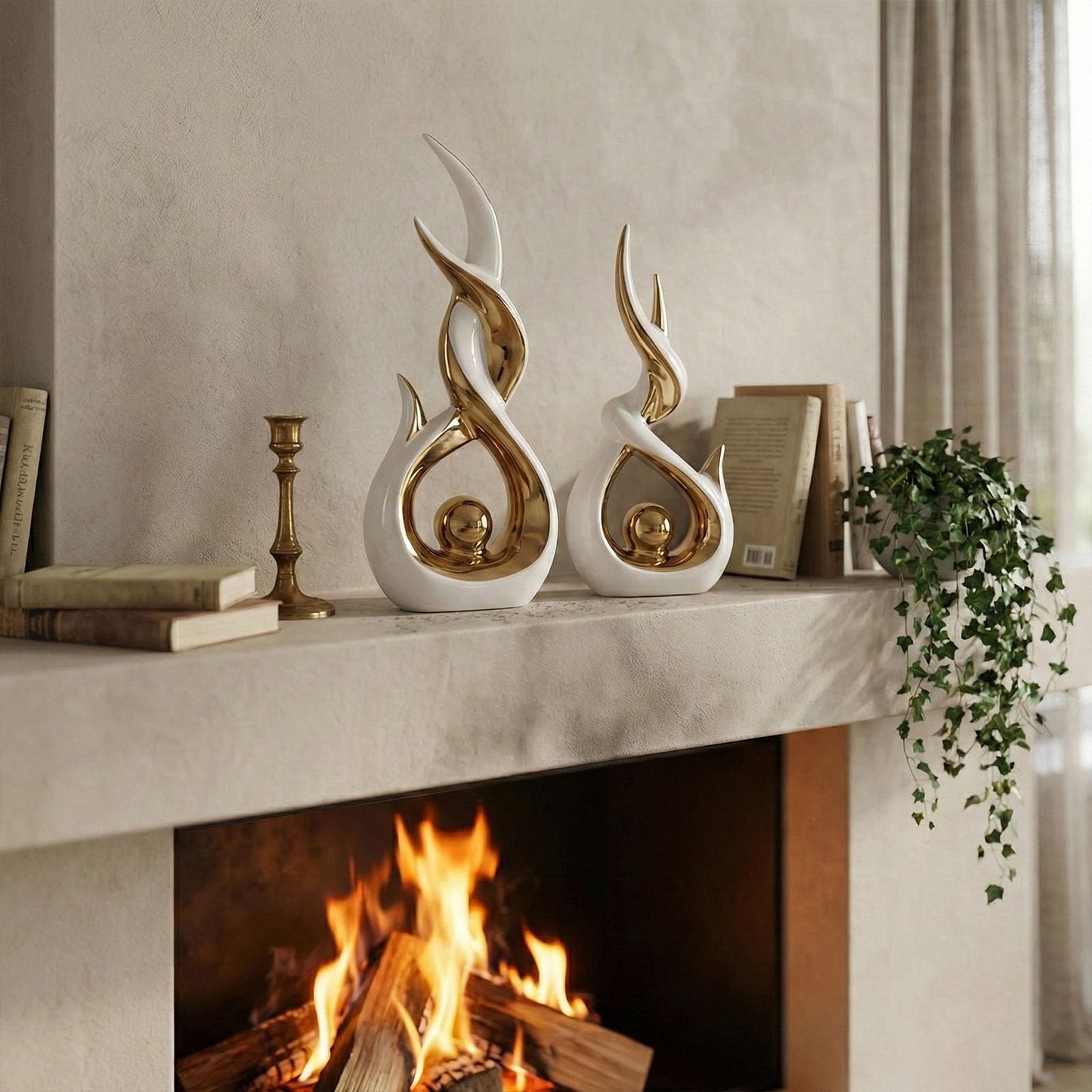 LCCCK White and Gold Abstract Ceramic Sculpture Set of 2 Modern Electroplated Figurines Decorative Statues for Living Room Shelf Mantel Tabletop Home Decor Housewarming Gift