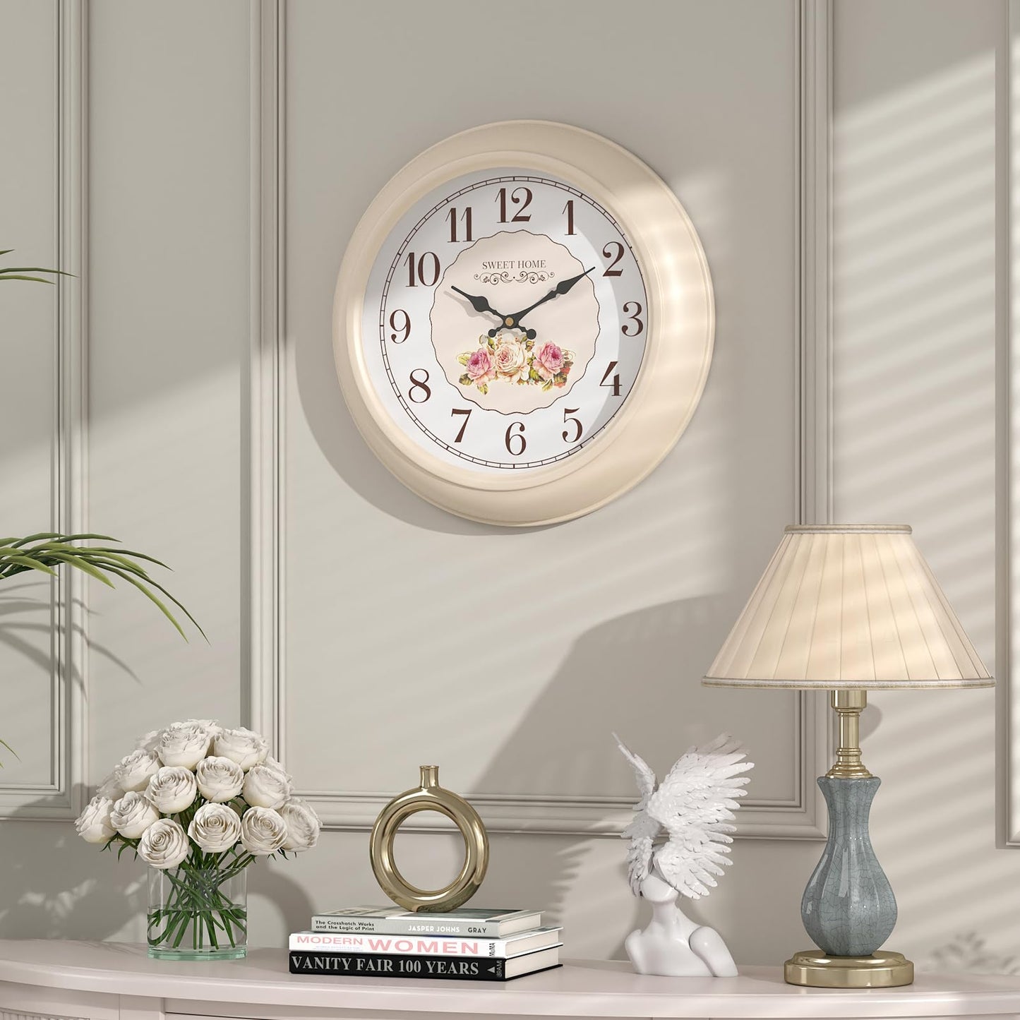 Abdurey Sweet French Rose Style Wall Clock, Battery Operated Silent, Creamy White Decorative Wall Clocks for Living Room, Farmhouse, Bedroom, Bathroom, Dining Room 11.5"