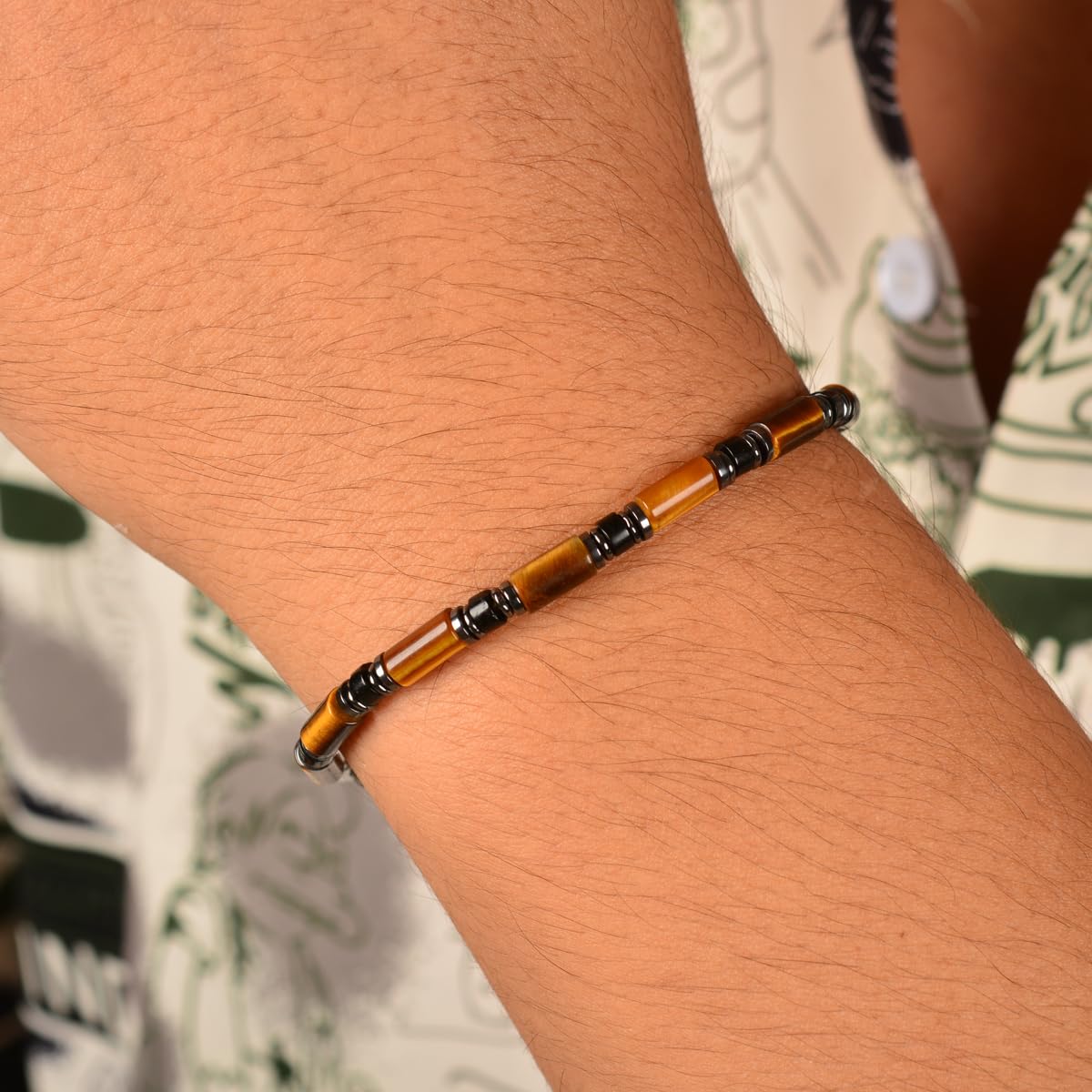 Casvia Men’s Beaded Tiger Eye Gemstone Bracelet - Handcrafted Original Design, Hematite & Obsidian Accents, Adjustable Stainless Steel Dual-Clasp, Thickened Steel Wire, 6.89–8.8 Inch, Gift for Men
