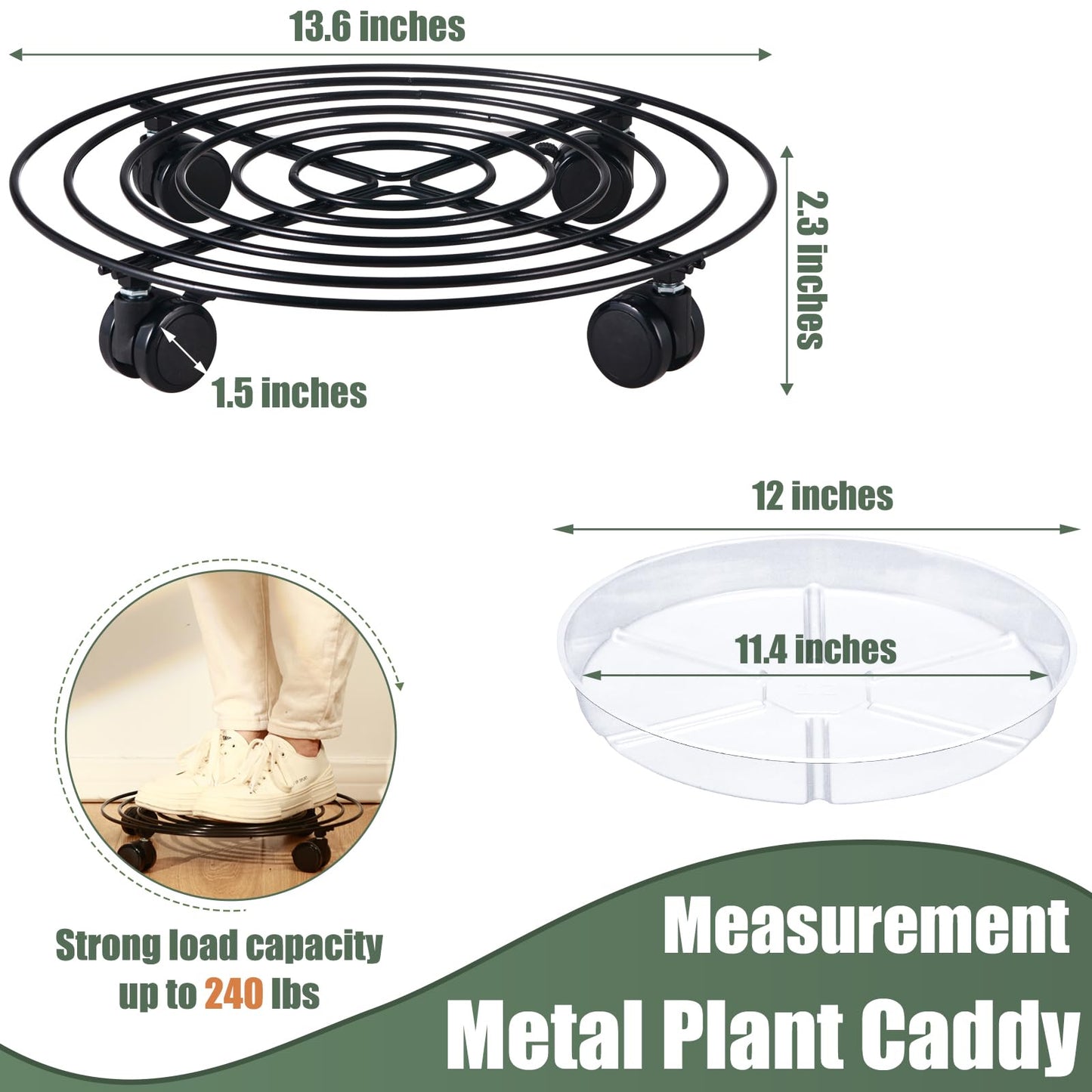 6 Packs 14 Inches Large Metal Plant Caddy with Wheels Rolling Plant Stands Heavy-duty Wrought Iron Plant Roller Base Pot Movers Plant Saucer on Wheels Indoor Outdoor Plant Dolly with Casters Planter Tray