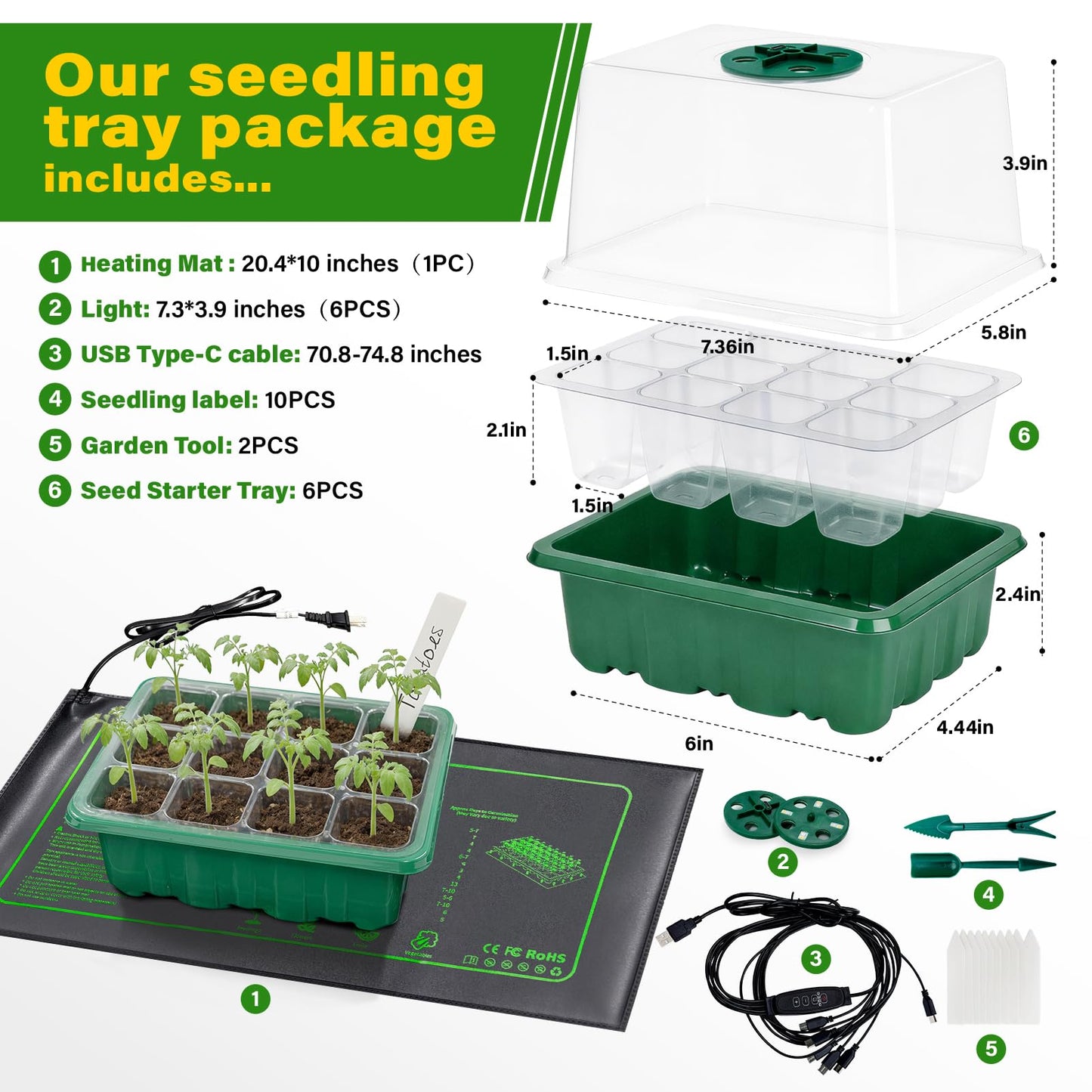 KEOHOLI Seed Starter Kit with Grow Light and Heat Mat, 6 Pack 12-Cell Seedling Trays with LED Panels, Adjustable Timer & Dimmer Indoor Plant Propagation Station for Herbs, Vegetables, Flowers