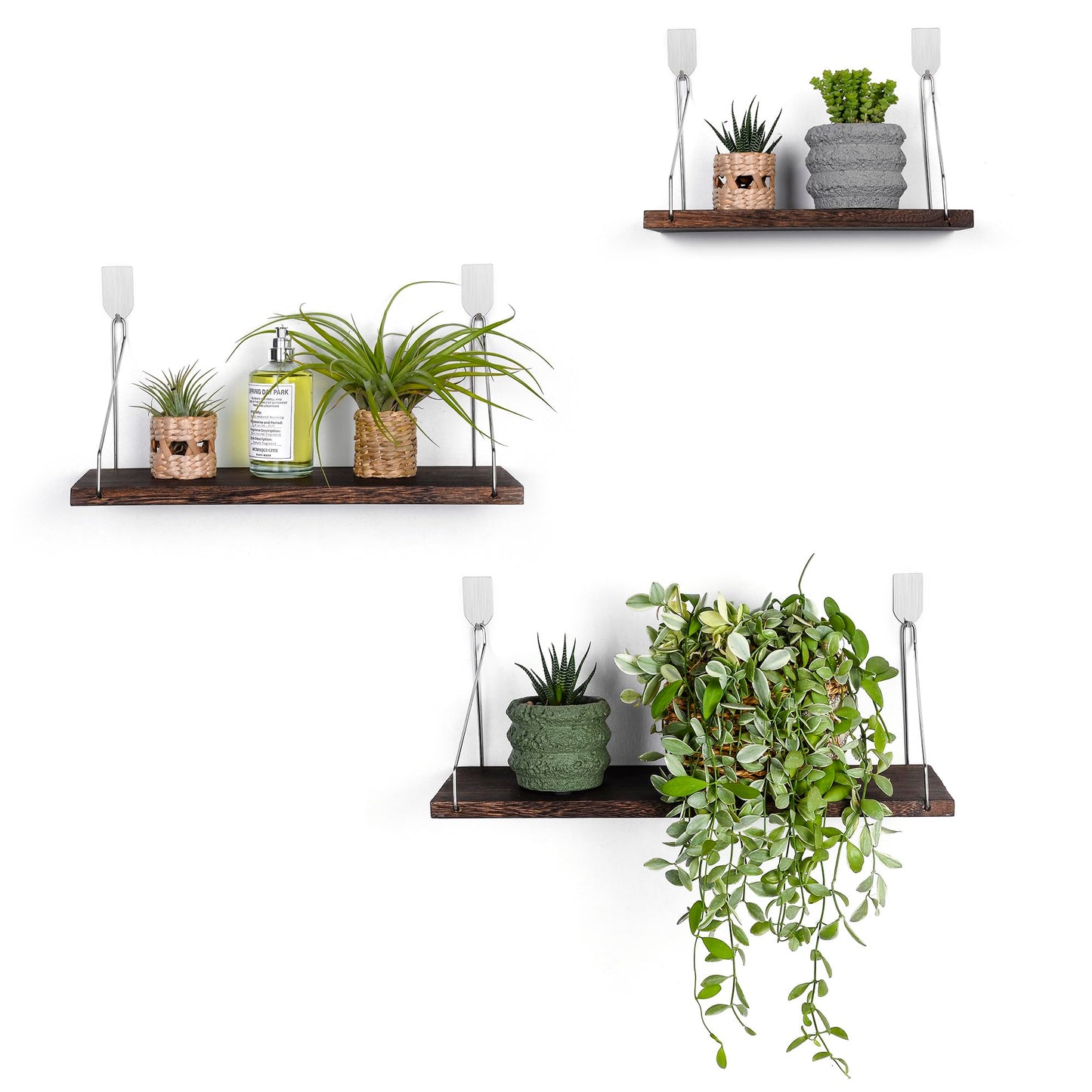 MITIME Floating Shelves Set of 3 Rustic Solid Wood Floating Shelf Wall Storage Shelves for Living Room, Bedroom, Bathroom, Kitchen Laundry, Office.no Drill Shelf.(Retro Color L+M+S)