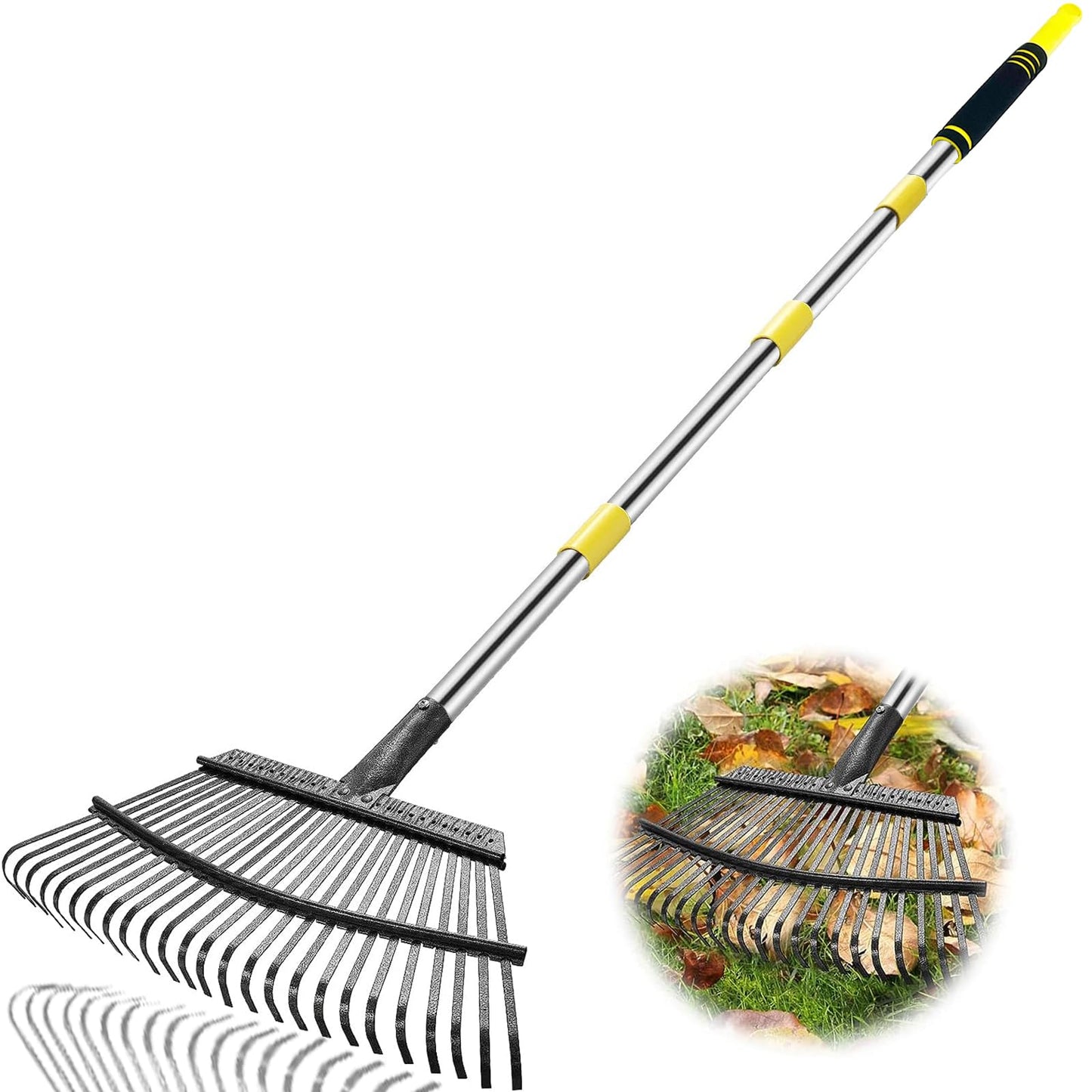 Coopvivi Rake Heavy Duty 6FT Long Garden Rake , 18.5 Inch Wide Leaf Rake for Lawns, 25 Metal Tines, Adjustable Stainless Steel Handle, Rakes for Leaves, Yards, Grass, Garbage, Weeds, Debris (Yellow)
