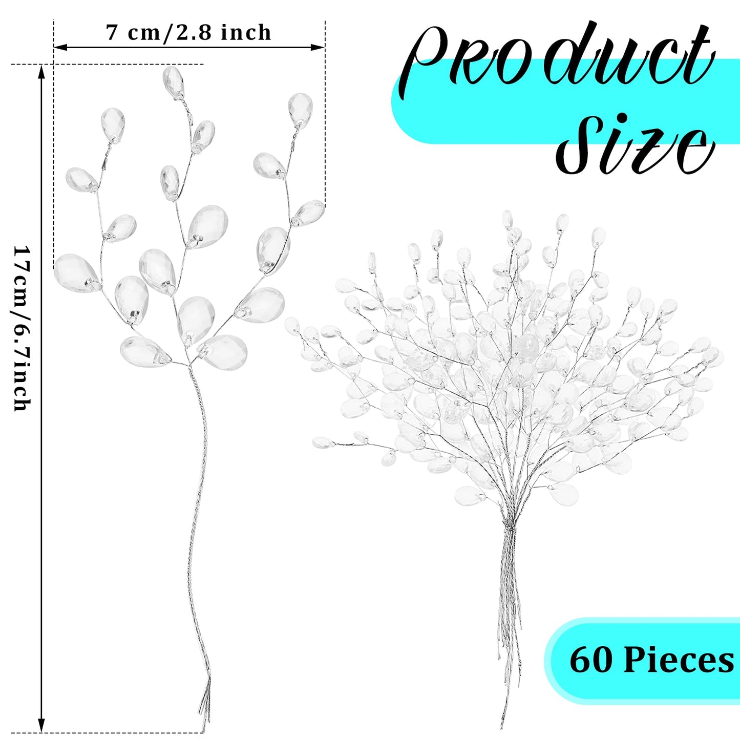 Jetec 60 Pieces Artificial Bouquets with Acrylic Bead Drop Crystal Flower Stem Branches Beaded String Bridal Picks, Decoration for Wedding DIY Crafts