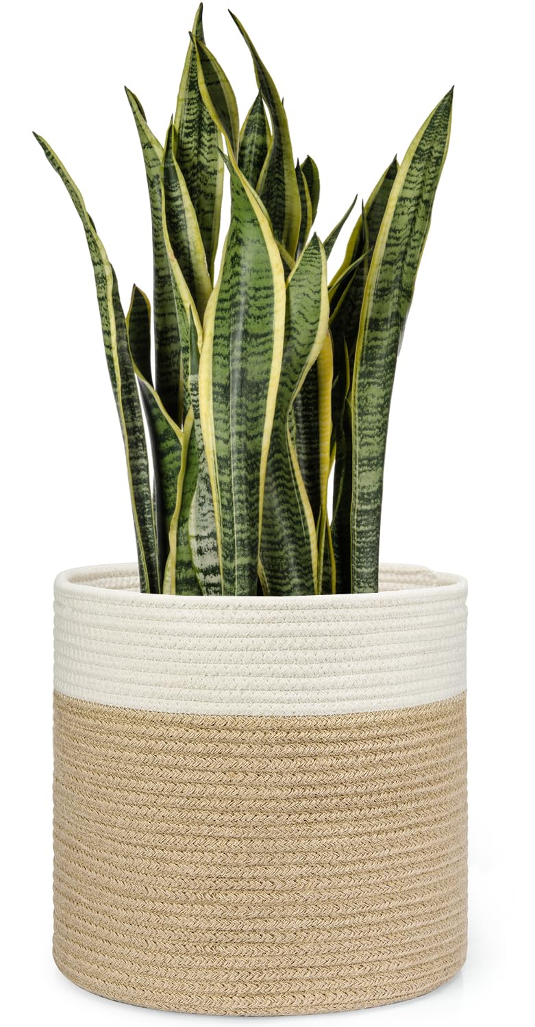 Dahey Jute Spliced Cotton Rope Plant Basket Modern Woven Storage Basket for 12" Floor Indoor Planter, Decorative Flower Pots Cover Laundry Bin with Handle Rustic Home Decor, White and Beige