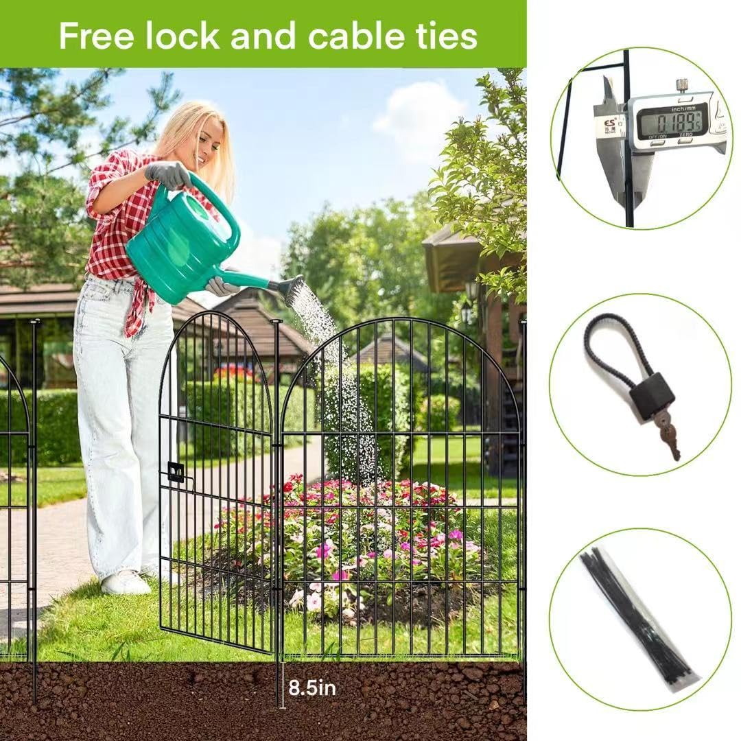 ADAVIN Garden Fence Animal Barrier with Gate 40 in(H)×17.5 Ft(L) 8 Panels,Rustproof Metal Wire Tall Fencing Border for Dogs Rabbits,Outdoor no dig pet Fences,Black Flower Edging for Yard,Arched