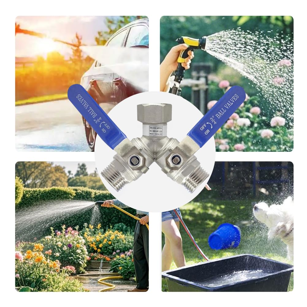 BesNPT Garden Hose Splitter 2 Way Heavy Duty Valve, 304 Stainless Steel 3/4" GHT Thread Full Flow Y Valve with Long Handle