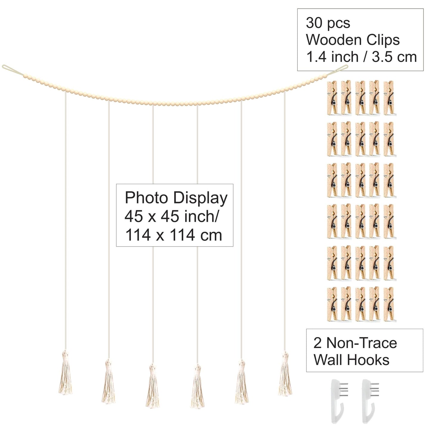 BIZYAC Hanging Photo Display with Clips Wall Boho Decor Beads Garland - Sculptural Picture Frames Collage - 30 Clothespins - 2 Non-Trace Hook - No Holes Drilling - 45 x 45 inch