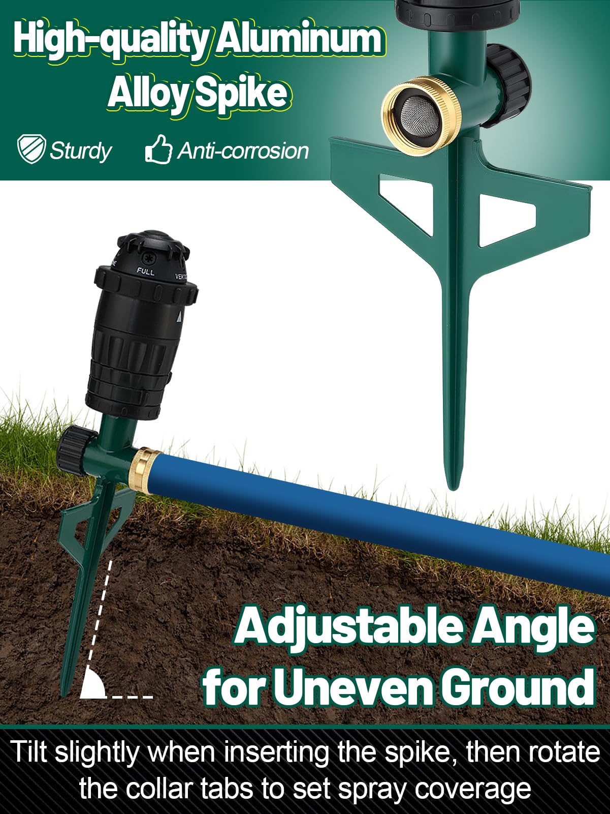 Adjustable Spray Coverage Sprinklers for Yard - Sturdy Aluminum Alloy Spike & 5 Spray Patterns Lawn Sprinkler, Efficient Irrigation System for Medium Large Garden Uneven Ground, 2 Pack