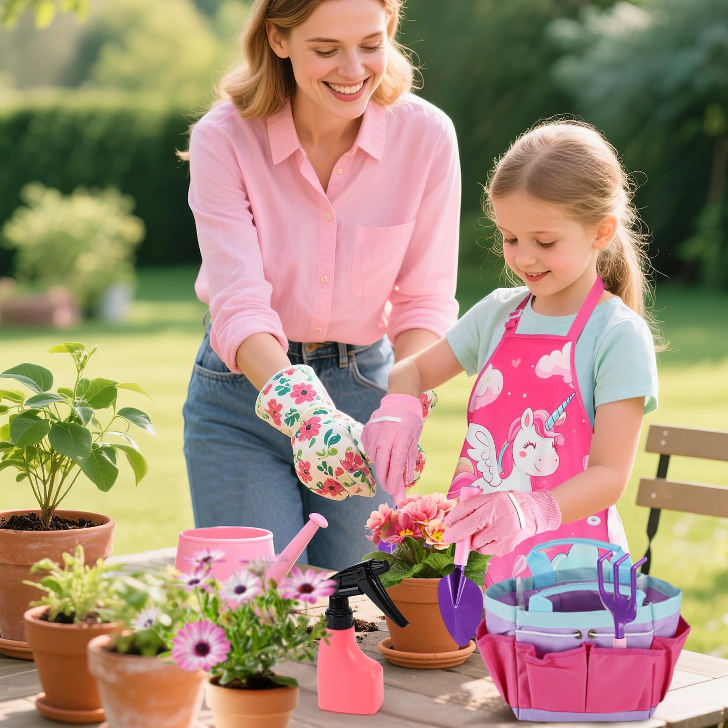 Kids Gardening Tool Set - Garden Tools for Kids with Shovel Trowel Rake Apron Gloves Watering Can and Tote Bag, Outdoor Toys Great Gifts for 3 4 5 6 7 8+ Years Old Girls (Unicorn Style)
