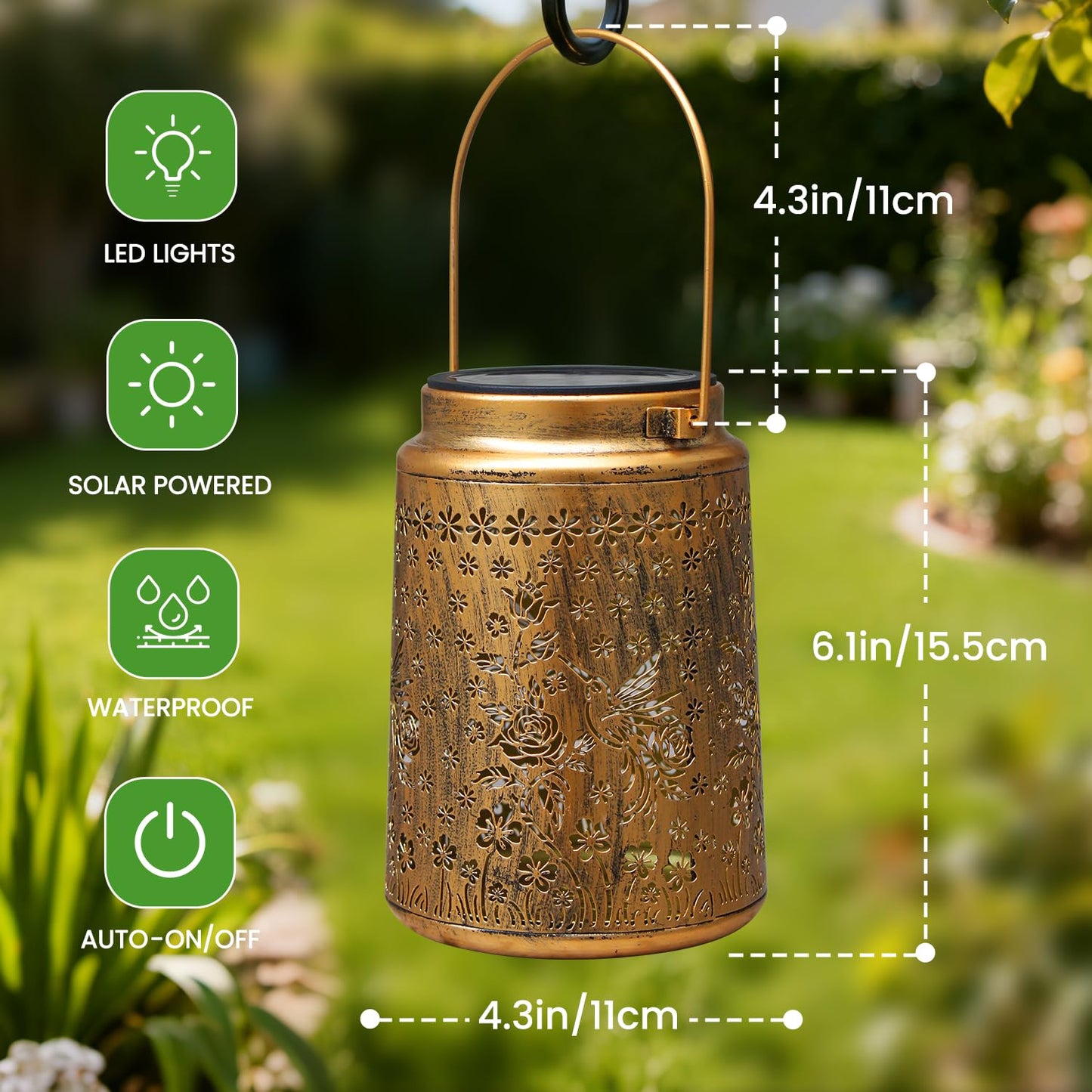 Babineto 2 Pack Solar Lanterns Outdoor Waterproof Hummingbird Garden Decor Gift for Women, Mom, Grandma, Metal LED Decorative Hanging Light for Yard, Patio, Lawn