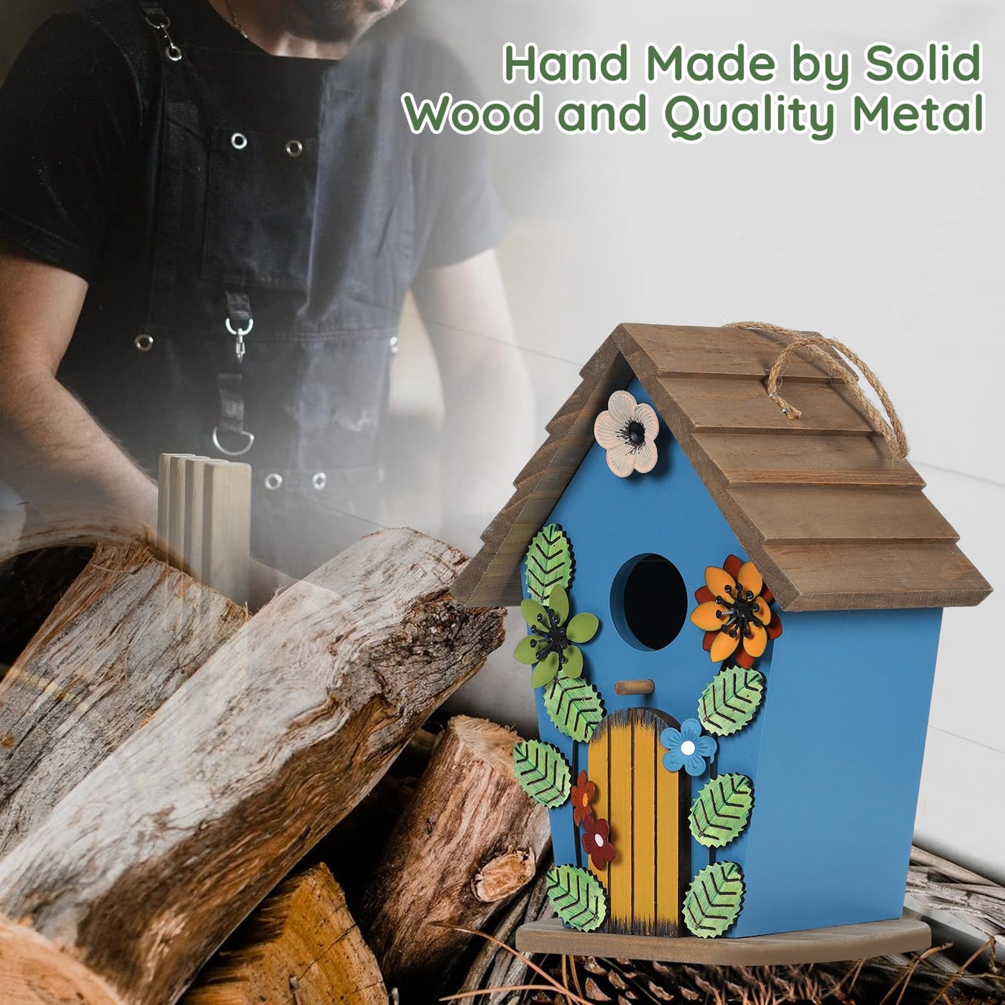 handrong Bird Houses for Outside,Wooden Blue Birdhouse,Decorative Birdhouses for Outdoors,Hanging Bird Houses,Bird Box Nest,Humming Bird House for Outside,Bird Gifts for Bird Lovers