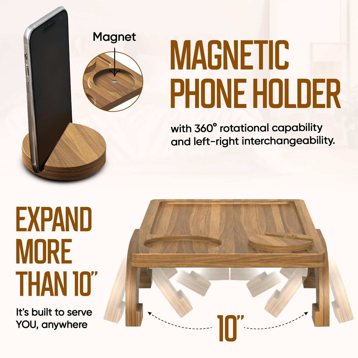 Motovatec Acacia Wood Sofa Arm Tray - 3-in-1 Couch Arm Table with Phone Holder, Cup Placer & Foldable Tray - Armrest Clip-On Design for Couch with 360° Rotated Phone Holder