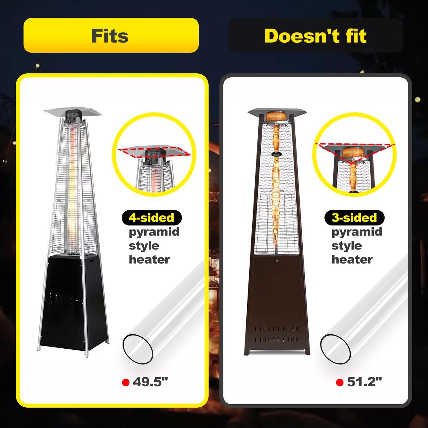 Patio Heater Glass Tube Replacement with Rubber Ring, 49.5″ Tall 4″ Diameter, Quartz Glass Tube Fit Four-Sided Pyramid Flame Outdoor Heaters Compatible with Hiland, Fire Sense