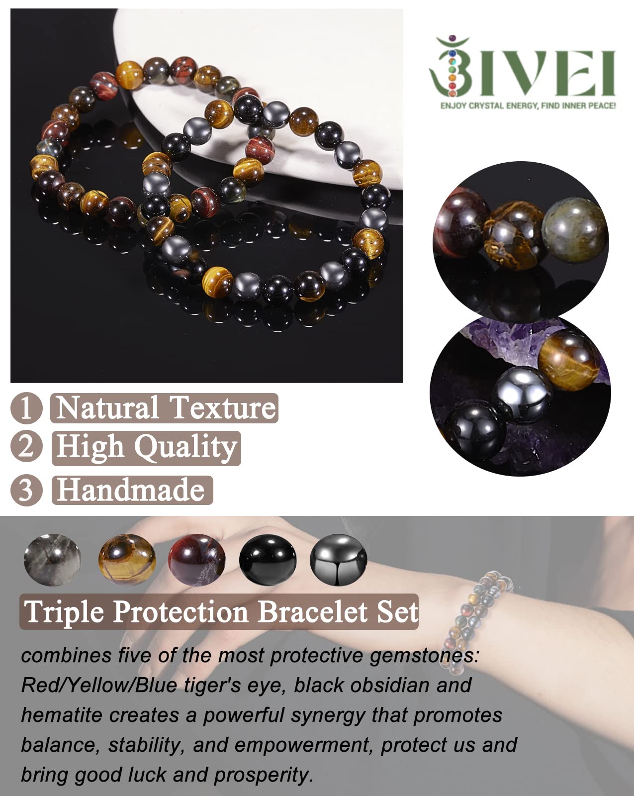 Bivei Natural Gemstone Semi Precious Crystals Handmade Stretchy Round Beads Bracelet, Enhance Positive Energy,Stocking Stuffers for Women(Triple Protection SetSmall)