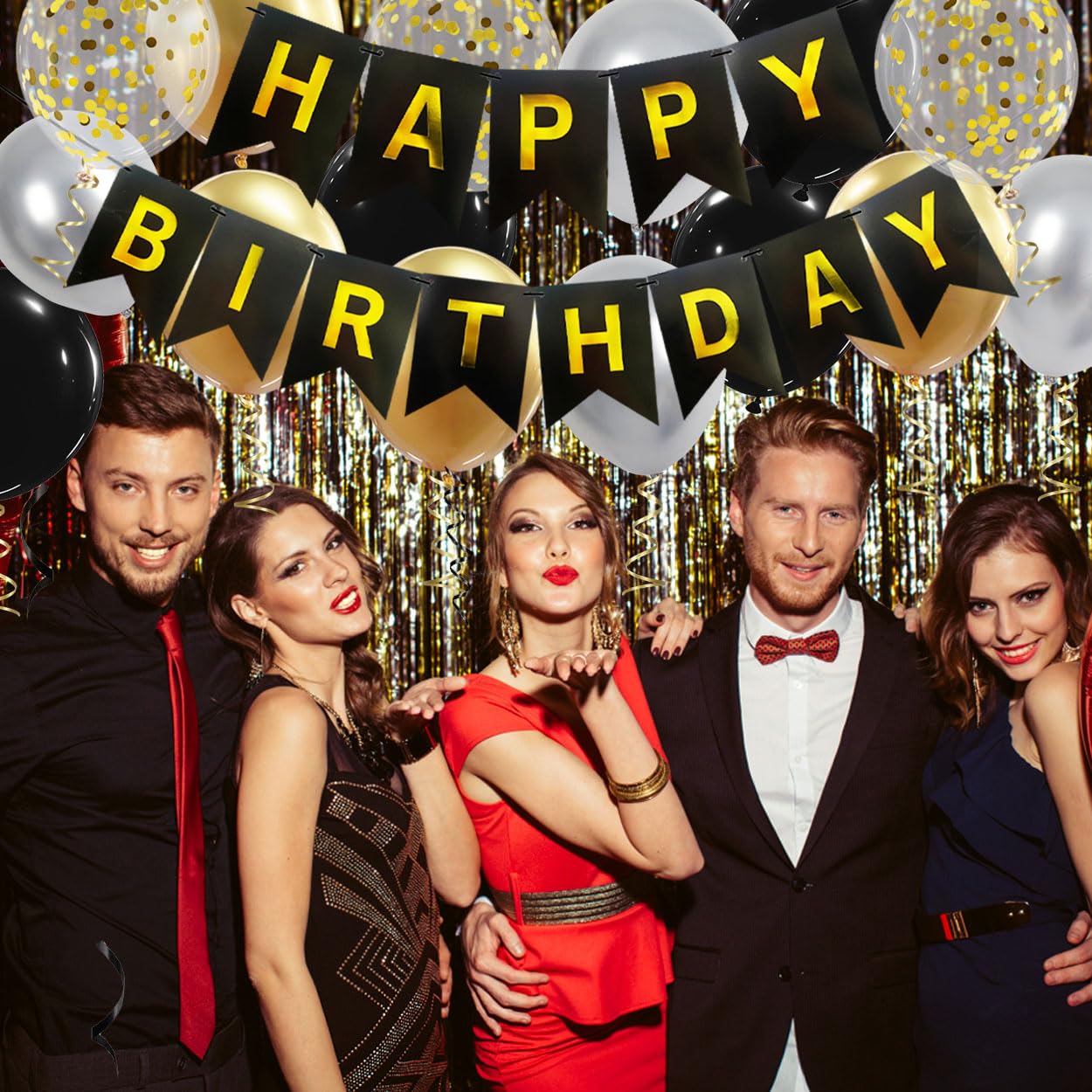 Happy Birthday Banner, Black Gold Birthday Decoration, 16 Pcs 12in Balloons with 2 Ribbons for Men Women Girls and Boys Party Decoration
