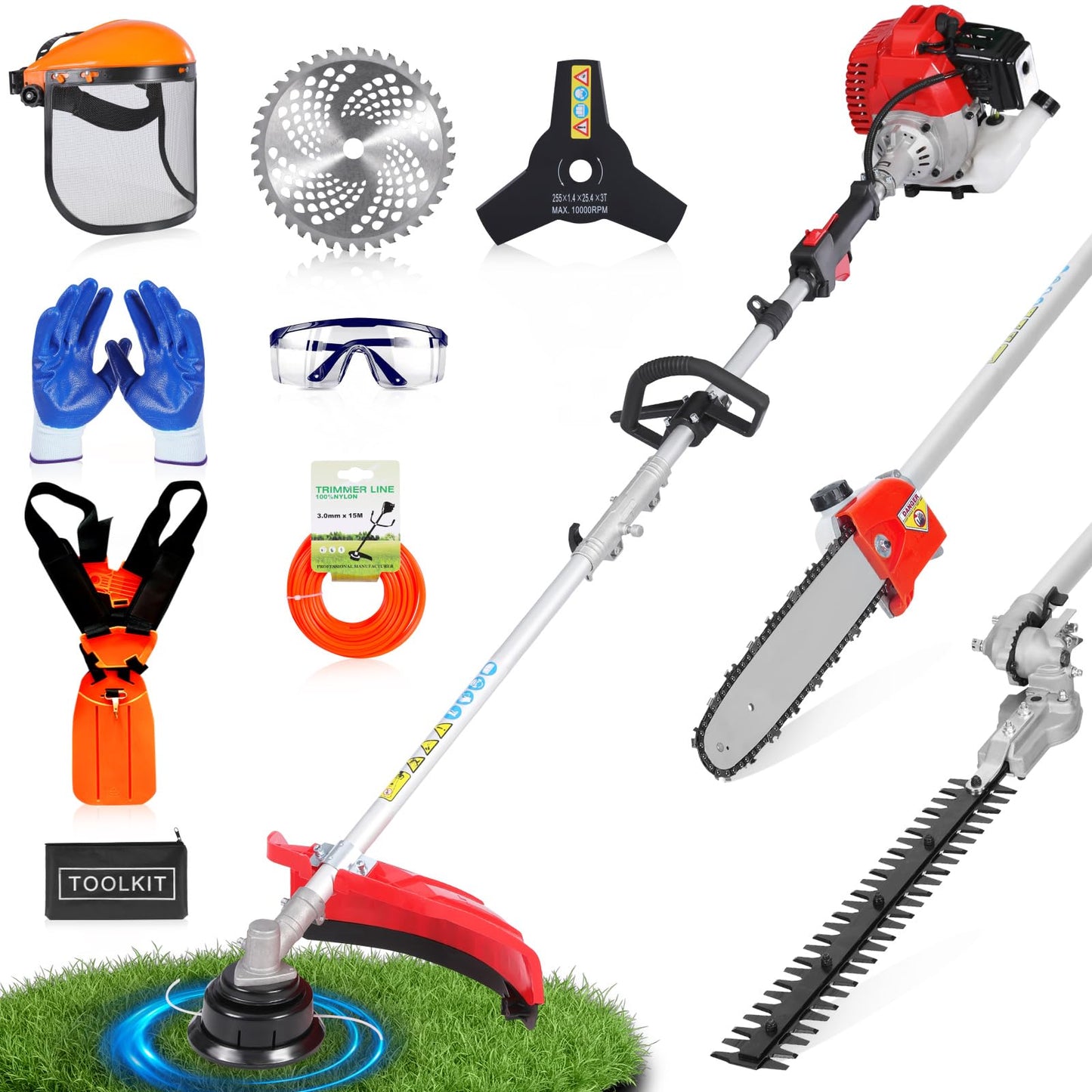 WTHW 52CC Gas Weed Wacker & Weed Eater Multi-Tool - Heavy Duty Brush Cutter, Pole Saw, Hedge Blade, String Line & 40-Inch Extension - Anti-Vibration Design, Fast Cold Starts (Red)
