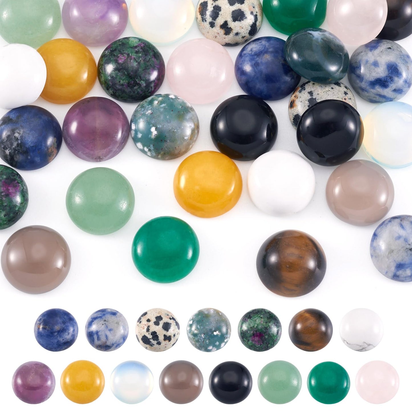 Fashewelry 30pcs Mixed Natural Gemstone Cabochons 12mm Flat Round Crystal Stone Cab Covers Chakra Healing Stone Beads for Earring, Pendant, Bookmark Cabochon Setting Jewelry Making