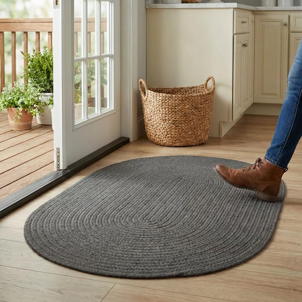 Super Area Rugs Gray Braided Rug Country Kitchen Braided Rugs - Durable Primitive Rug - Oval 3' X 5'