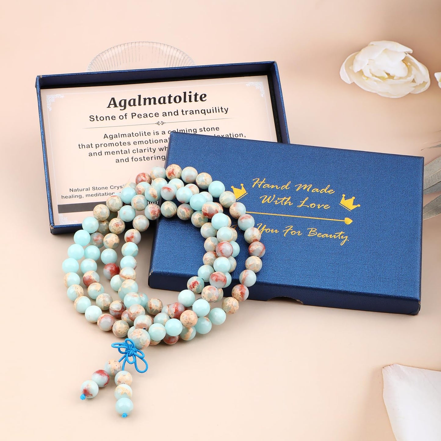 AD Beads 8mm 108 Prayer Mala Amazonite Elastic Bracelet - Unlock Your True Self - Handmade Yoga Meditation Healing Power Energy Gifts for Unisex Adult.