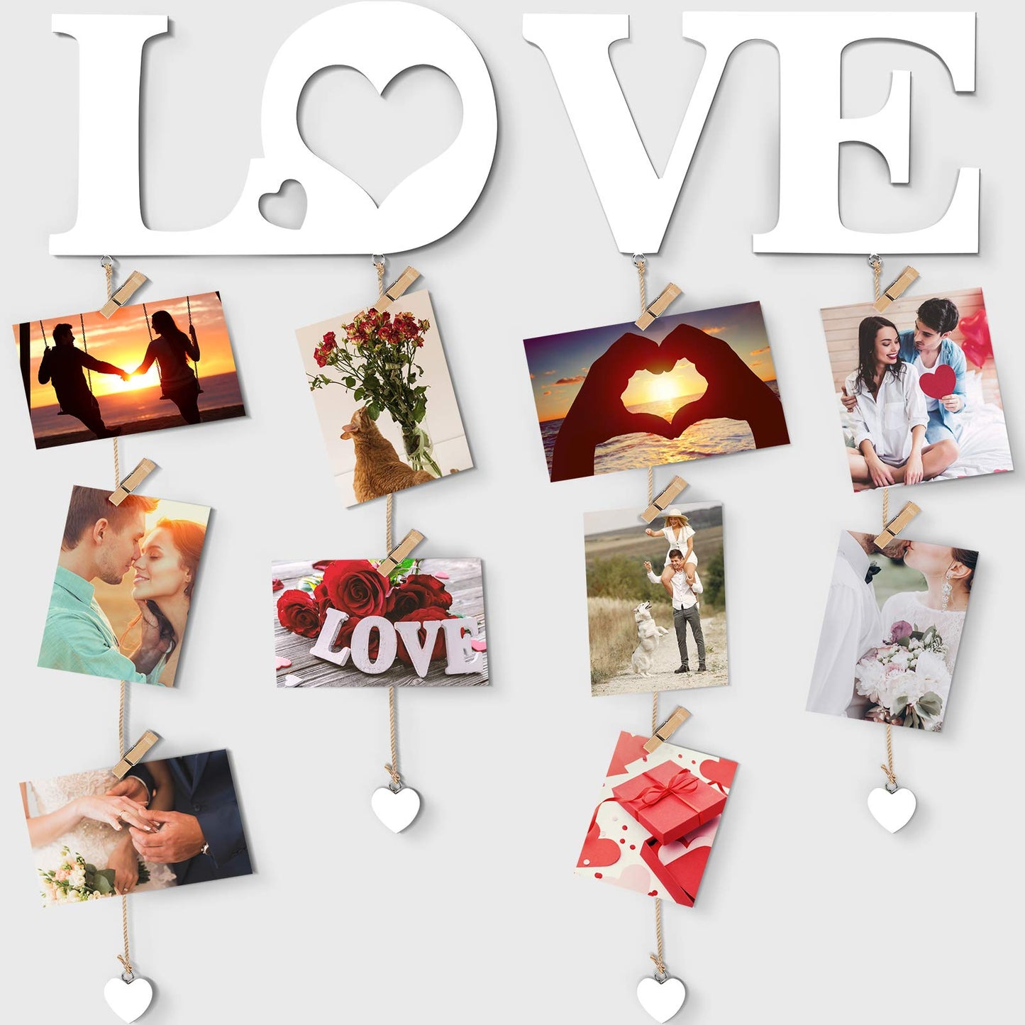 Chuangdi Valentine Picture Frames Love Hanging Photo Display Wall Decor with Clips String Picture Hanger Heart Design Decorative Organizer Display for Home Bedroom Living Room Decoration (White)