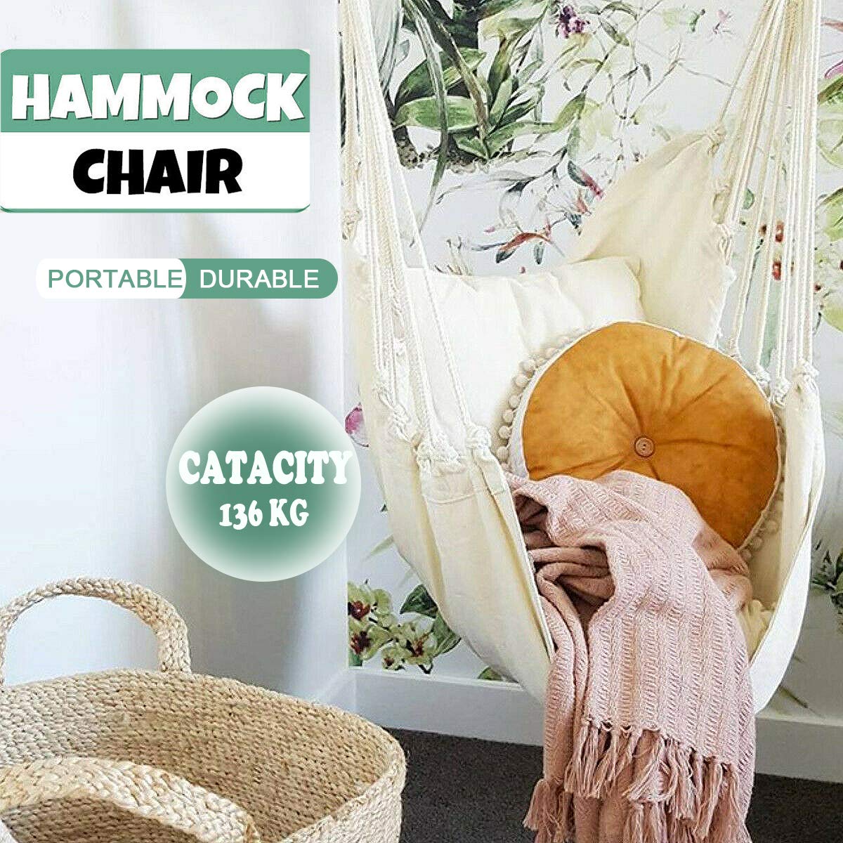 Hammock Chair Hanging Rope Swing Seat for Indoor Outdoor, Sturdy Cotton Weave Hammock Swing, Max 300Lbs Hanging Hammock Chair (Pole and Pillows NOT Included, Gray)