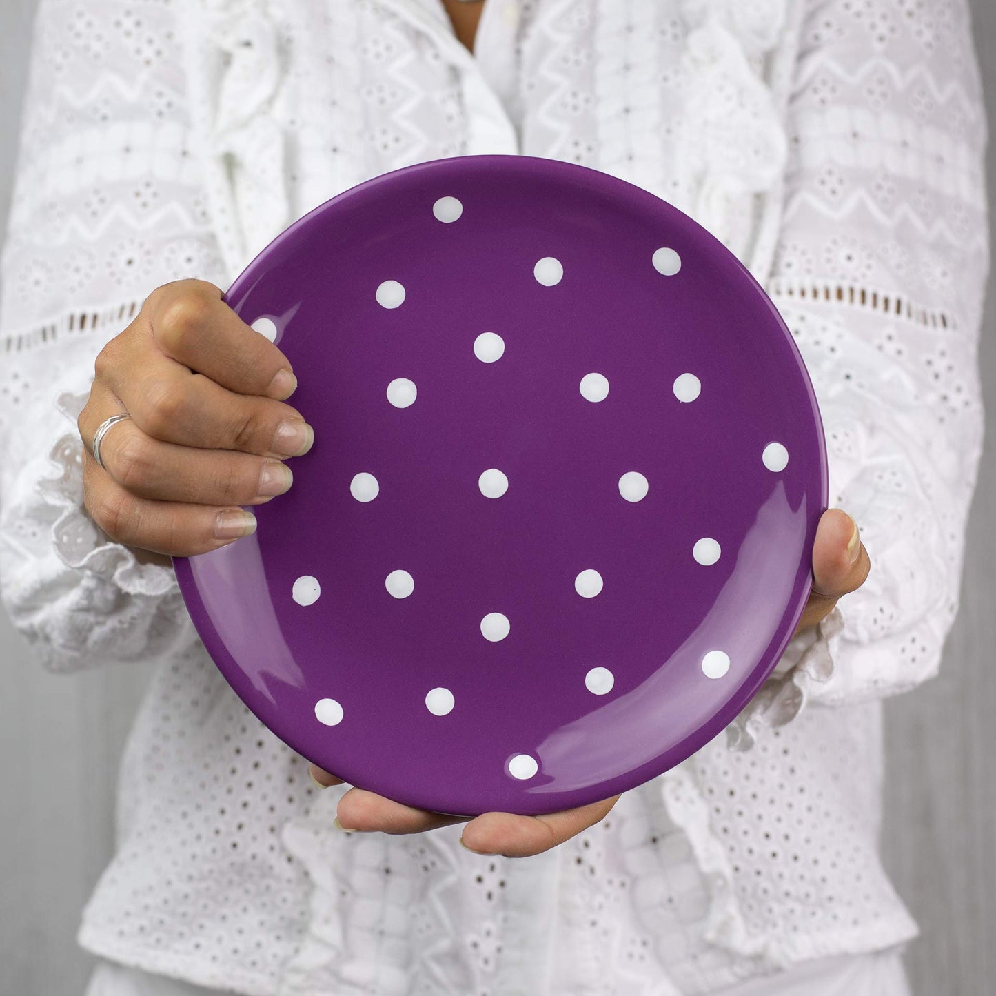 City to Cottage Handmade Purple and White Pottery Polka Dot Glazed 7.9inch/20cm Side Plate, Dessert Plate, Unique Ceramic Dinnerware, Housewarming Gift